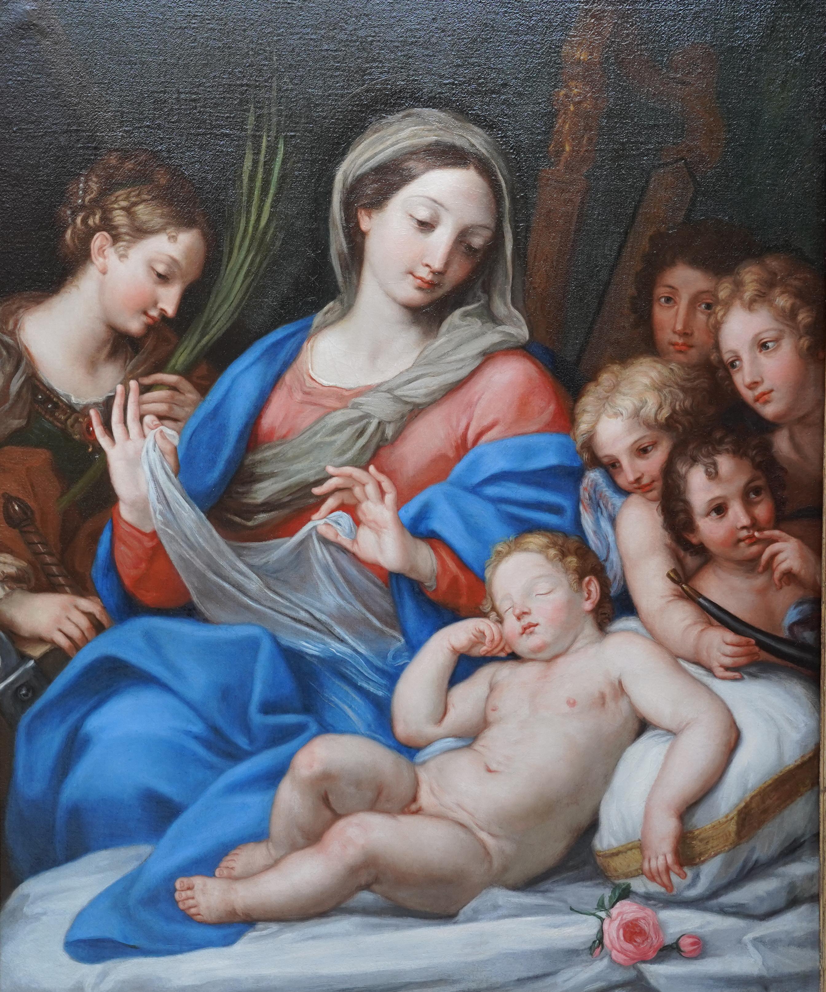 Madonna and Child with St Catherine and Putti - Italian 17thC art oil painting  For Sale 9