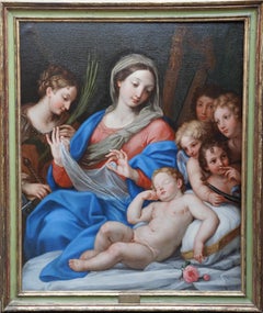 Madonna & Childs with St Catherine and Putti - peinture à l'huile italienne du 17e siècle 