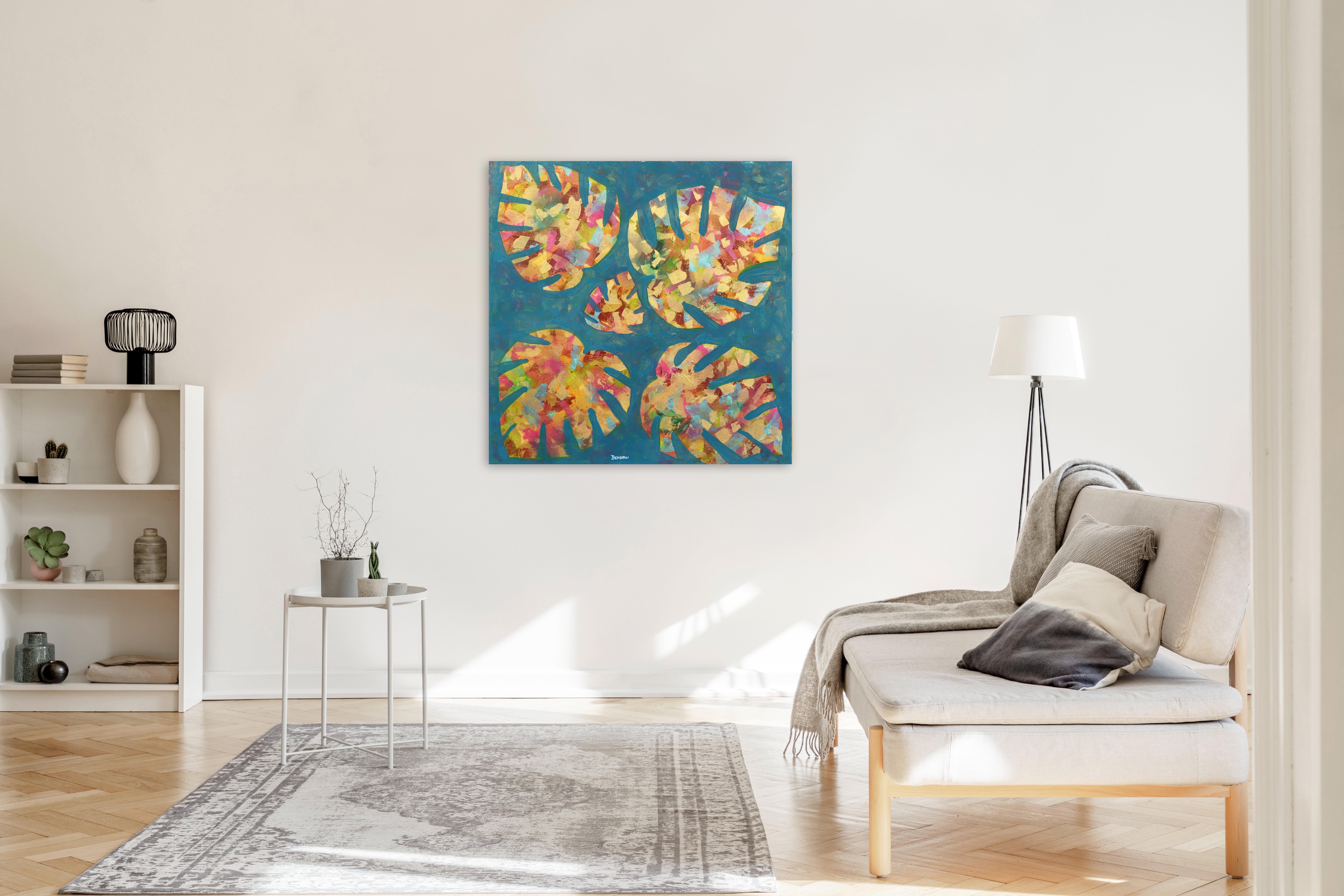 In the realm of vibrant expressions, Italian artist Giuseppe Beddru masterfully brings to life abstracted flora in a spectacular fusion of color and form. The canvas dances with an orchestra of hues, where vivid leaves unfurl their chromatic