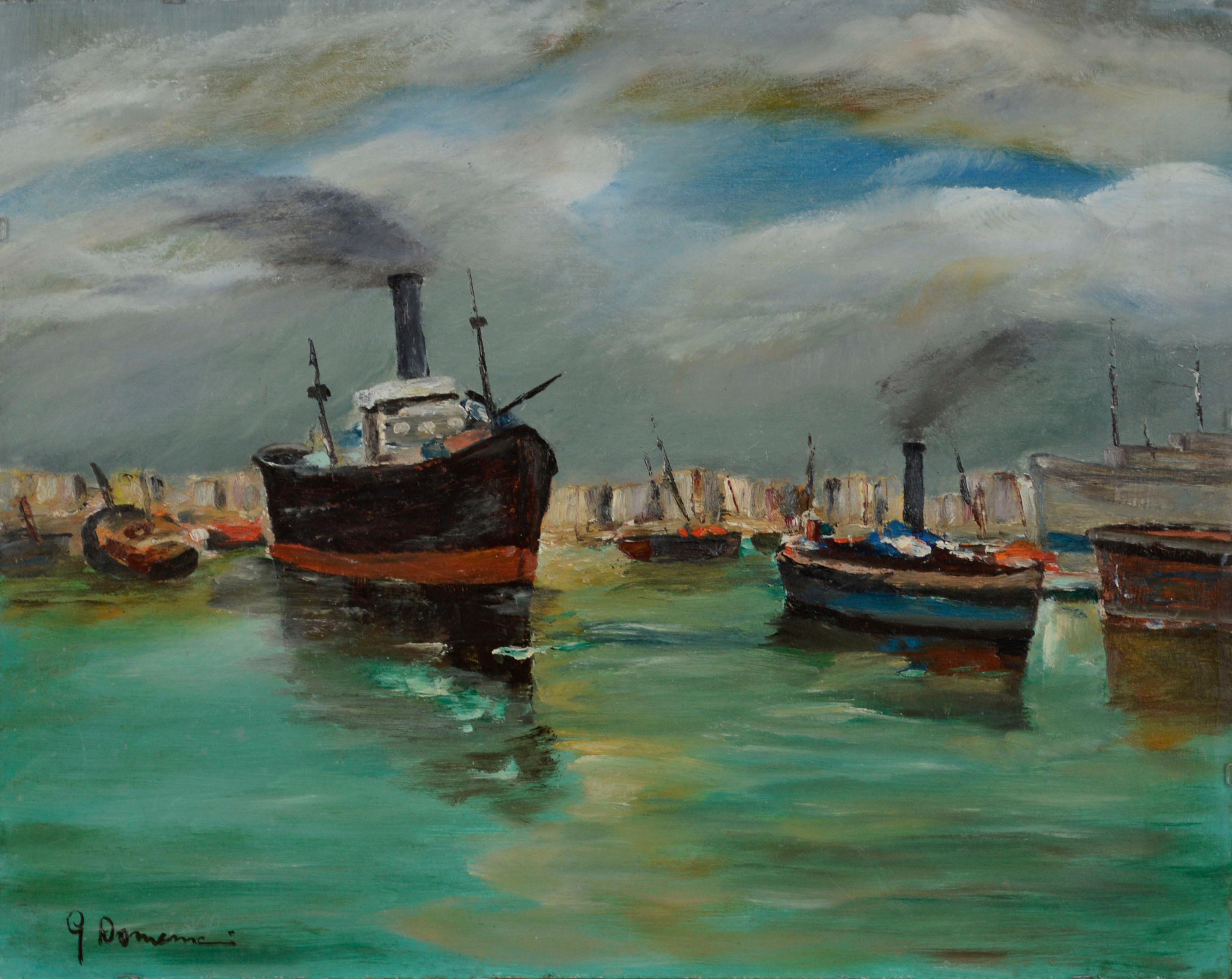 Boats on the Harbor, Double-Sided Mid Century Maritime Seascape  For Sale 6