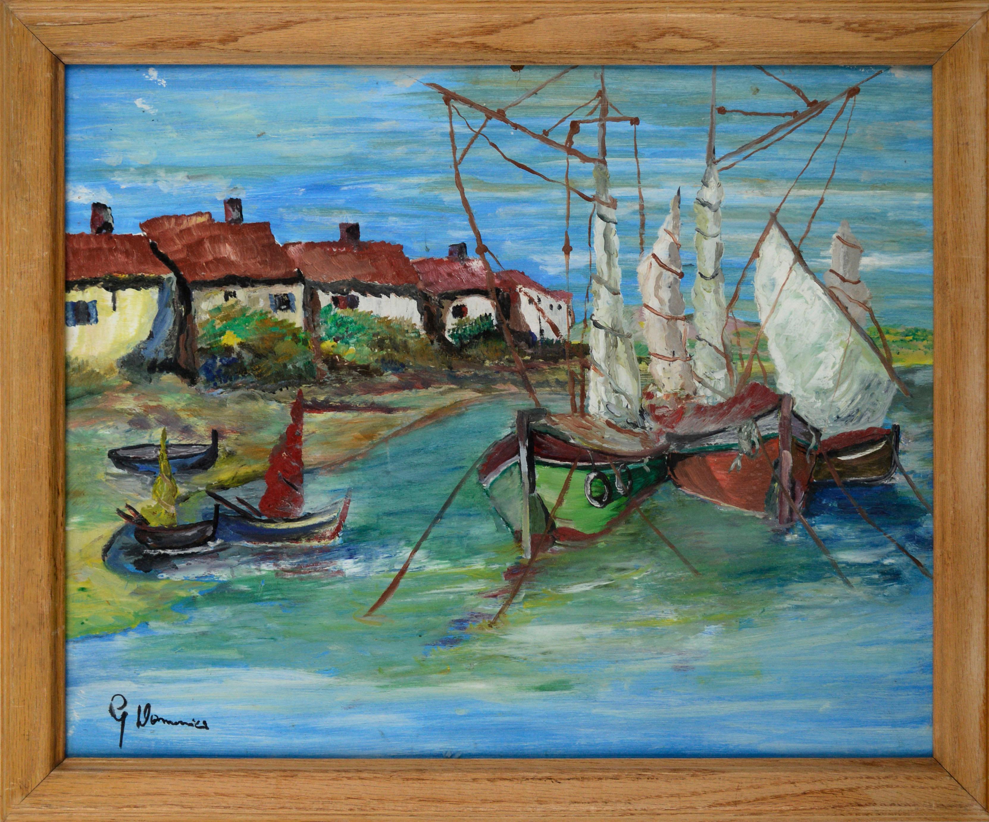 A one of a kind double-sided mid century maritime seascape in the style of and after. Beppe (Giuseppe) Domenici (Italian, 1924-2008). This reversible piece boasts two mid-century seascapes with boats, one on each side. The featured seascape on the