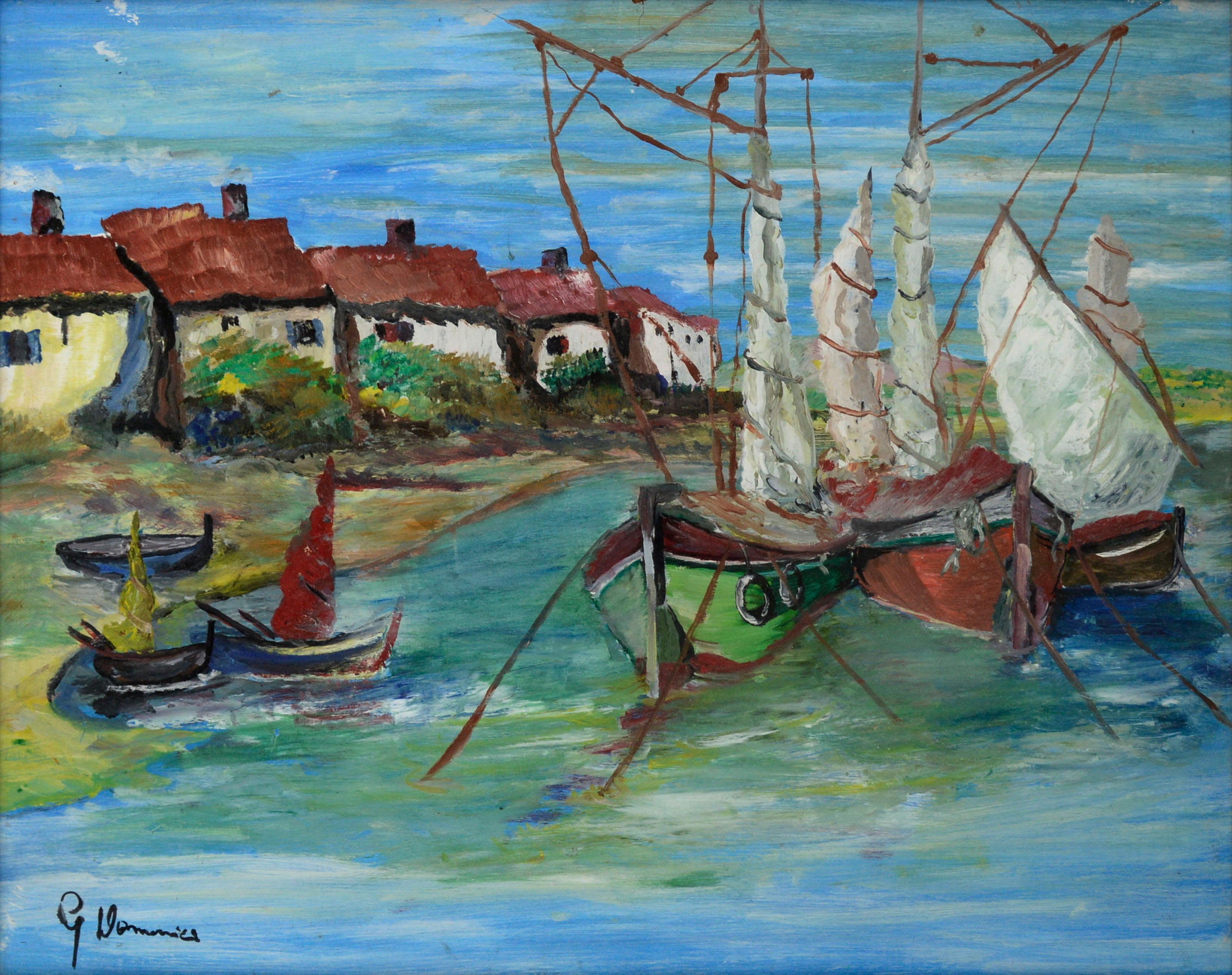 Boats on the Harbor, Double-Sided Mid Century Maritime Seascape  For Sale 1