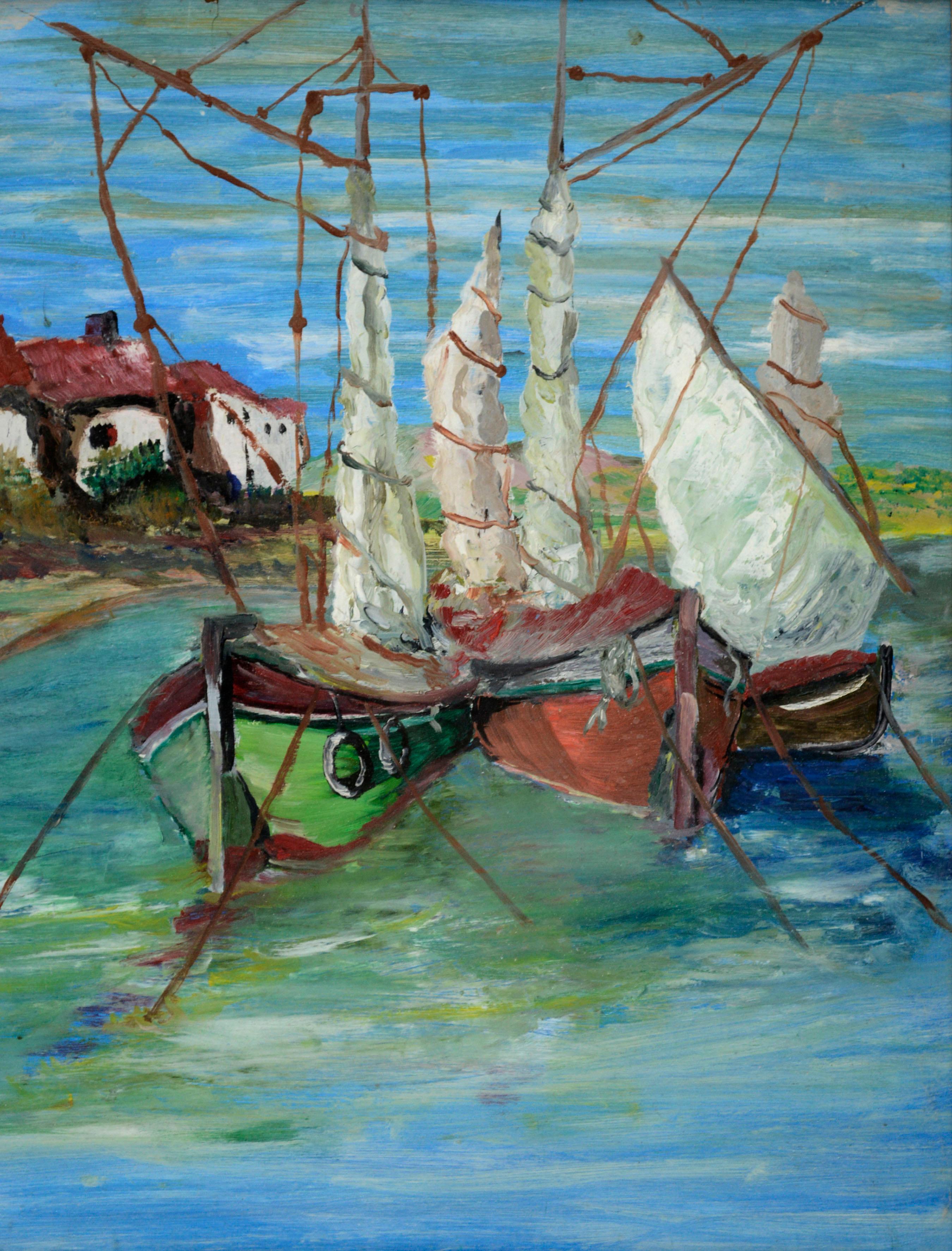 Boats on the Harbor, Double-Sided Mid Century Maritime Seascape  For Sale 2
