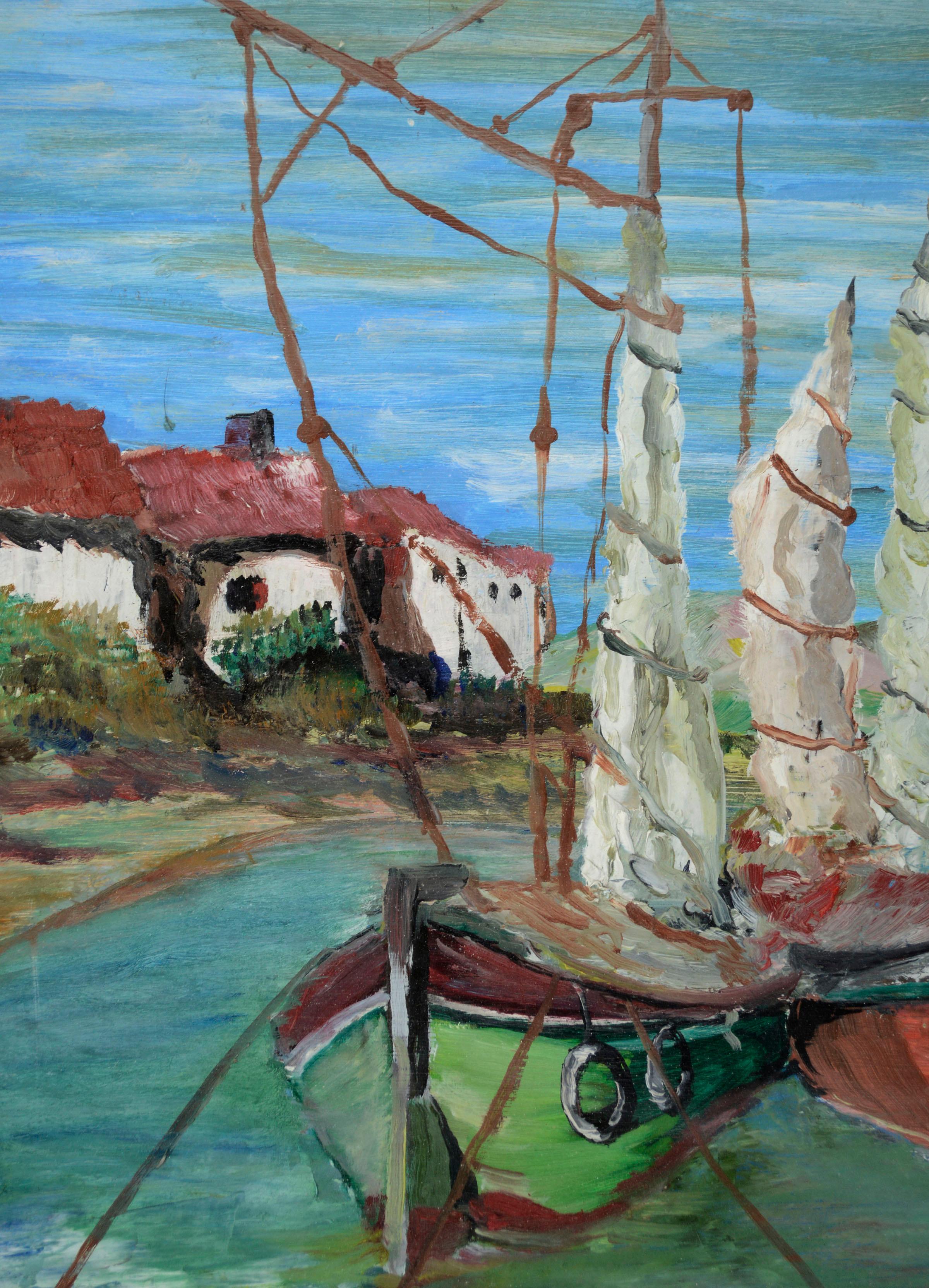 Boats on the Harbor, Double-Sided Mid Century Maritime Seascape  - Brown Landscape Painting by Giuseppe (Beppe) Domenici