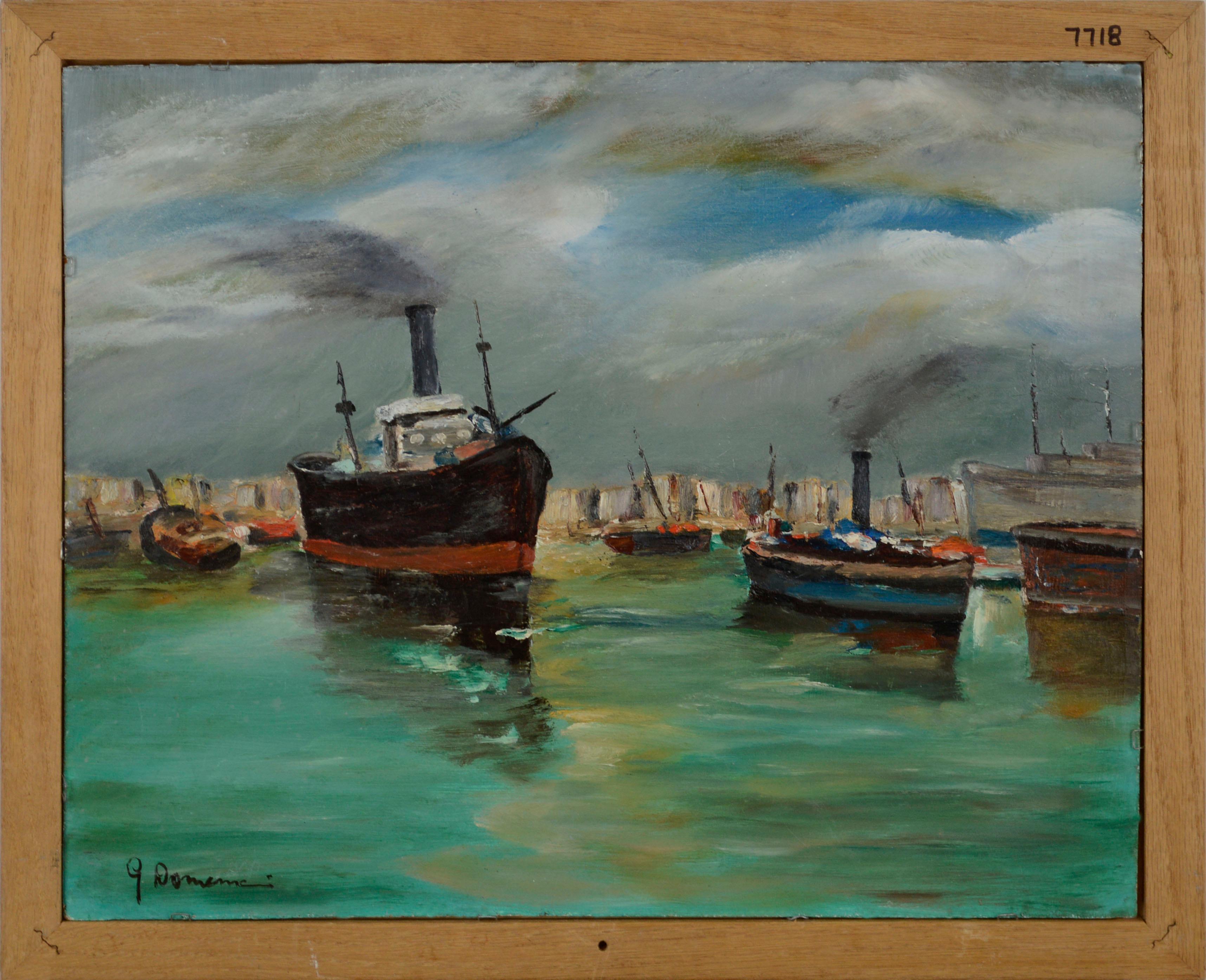 Landscape Painting Giuseppe (Beppe) Domenici - Boîtes sur le port, paysage maritime double face du milieu du siècle dernier 