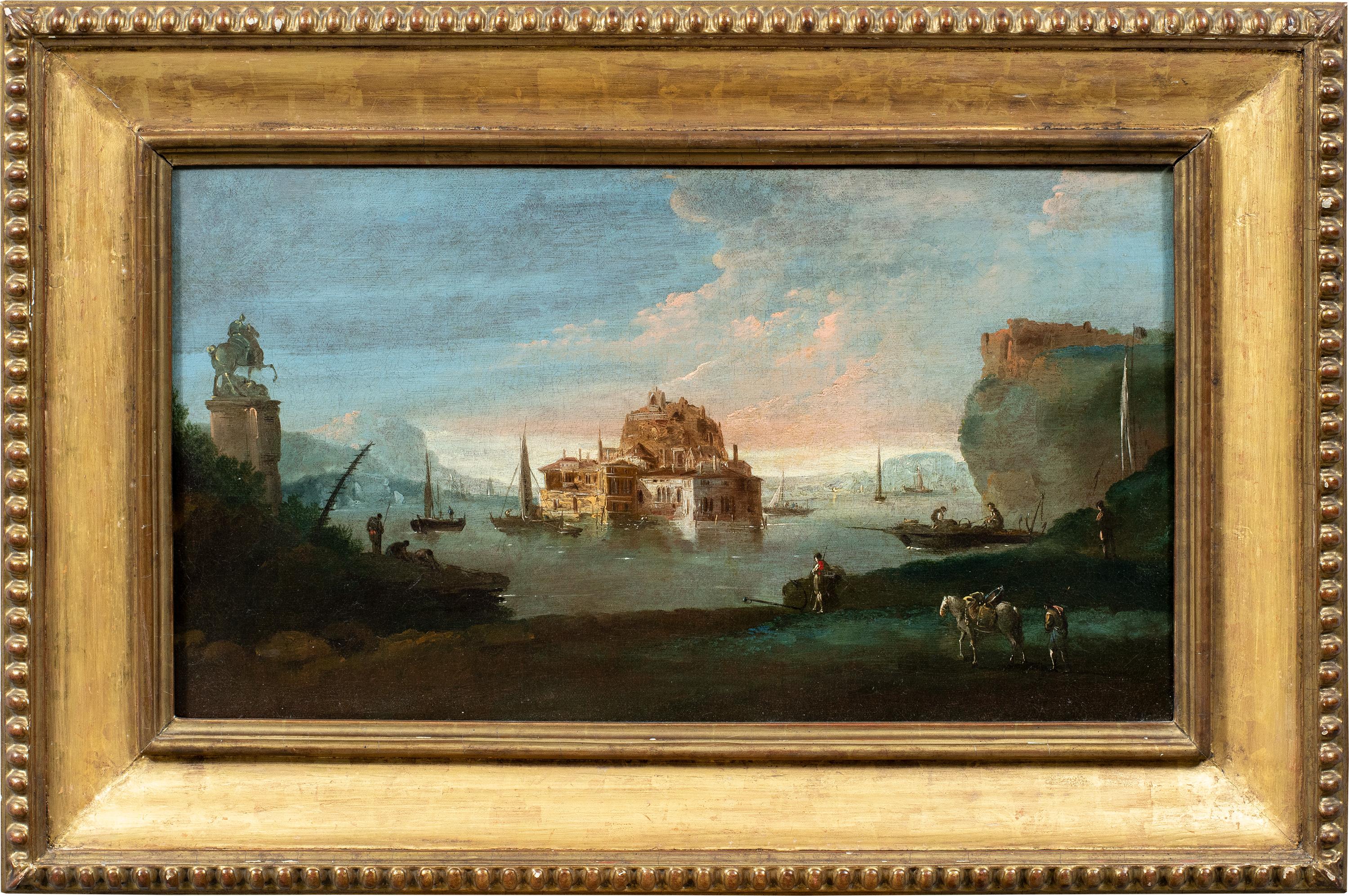 Giuseppe Bernardino Bison (Palmanova 1762 - Milan 1844) - Fantastic landscape with a citadel and equestrian statue.

35 x 62 cm (without frame) - 53 x 80 cm (with frame).

Oil on canvas, in a gilt wood frame (not signed).

The painting depicts a