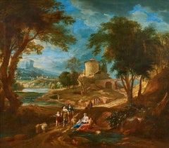 18th Century Bernardino Bison  Landscape Nature Oil on Canvas Green Blue
