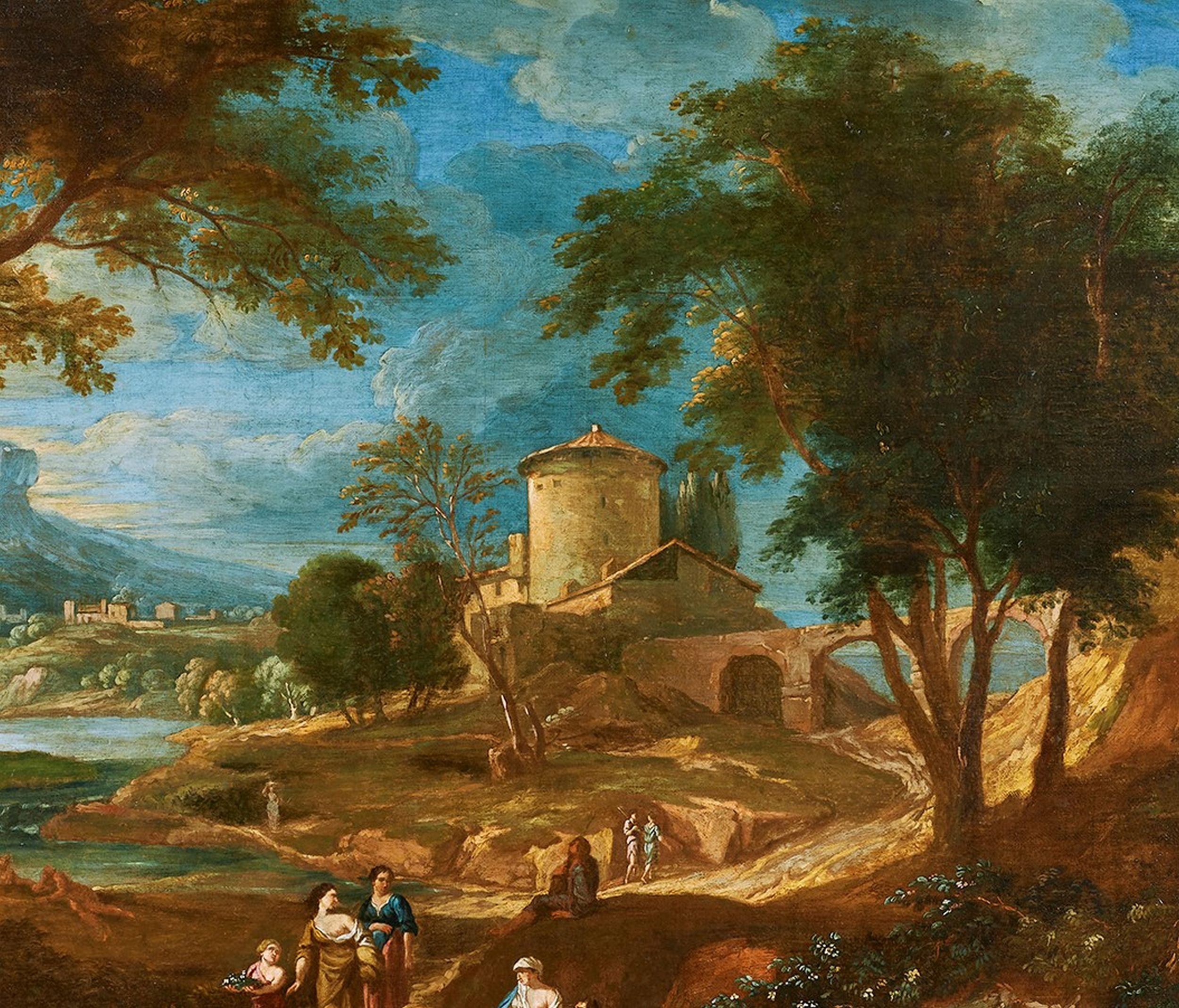 18th Century Bernardino Bison  Landscape Nature Oil on Canvas Green Blue - Brown Landscape Painting by Giuseppe Bernardino Bison