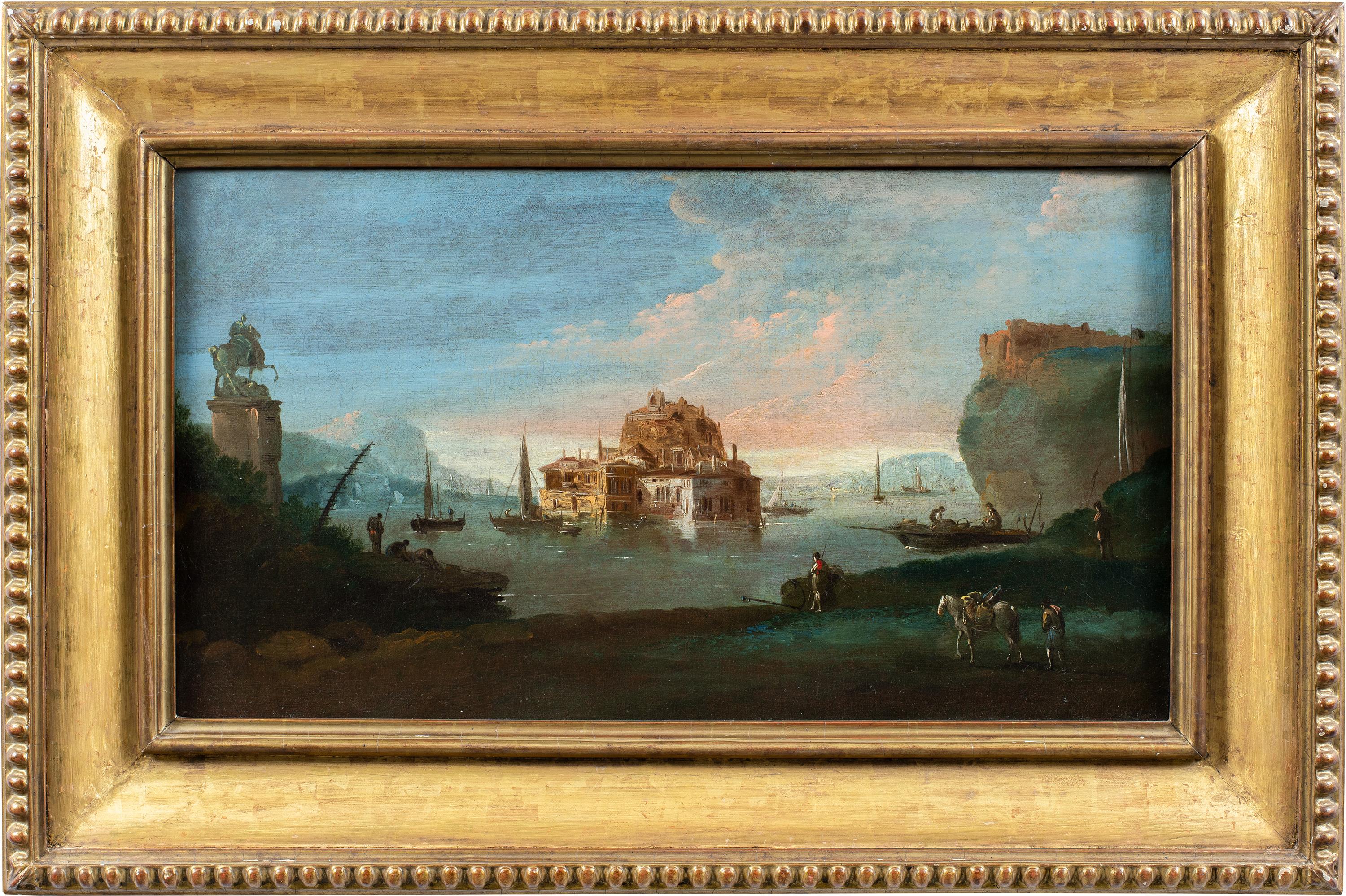 Giuseppe Bernardino Bison (Palmanova 1762 - Milan 1844) - Fantastic landscape with citadel and equestrian statue.

35 x 62 cm without frame, 53 x 80 cm with frame.

Antique oil painting on canvas, in a gilded wooden frame.

- The painting is