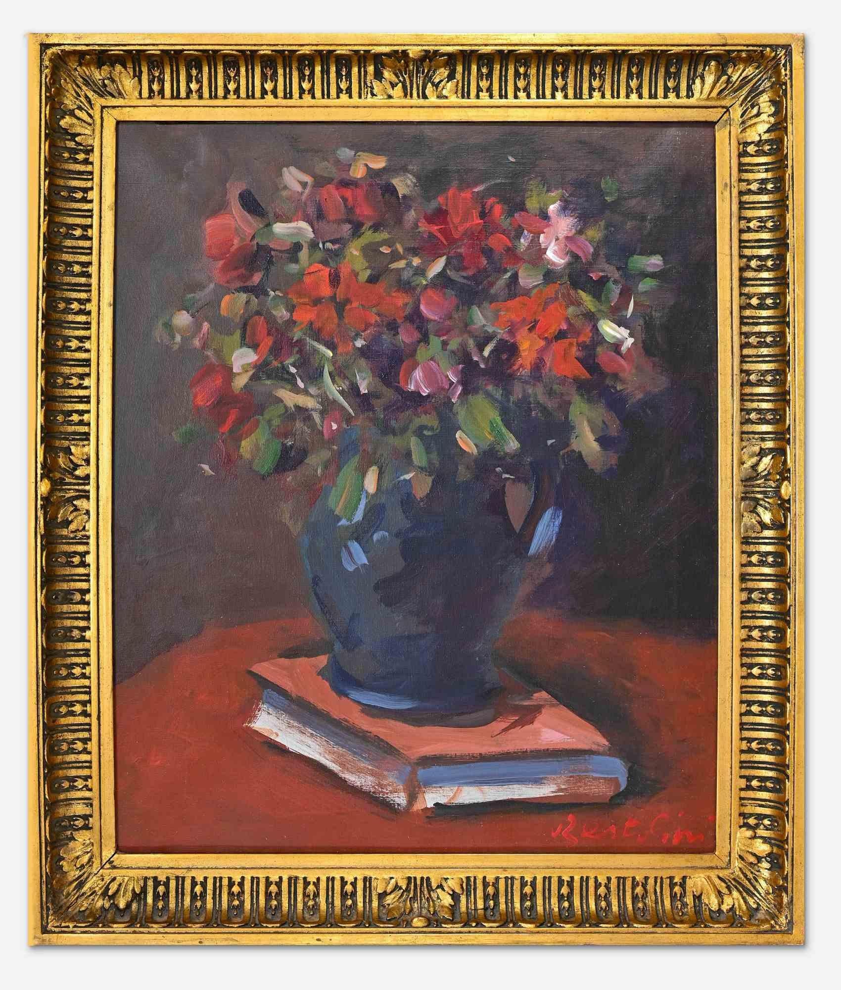 Nature morte avec vase de fleurs -  Peinture à l'huile de Giuseppe Bertolini - 1970 1