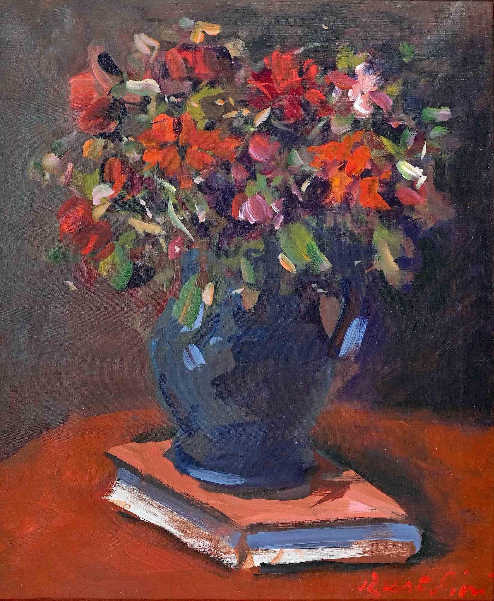 Natura morta con vaso di fiori -  Dipinto a olio di Giuseppe Bertolini - 1970