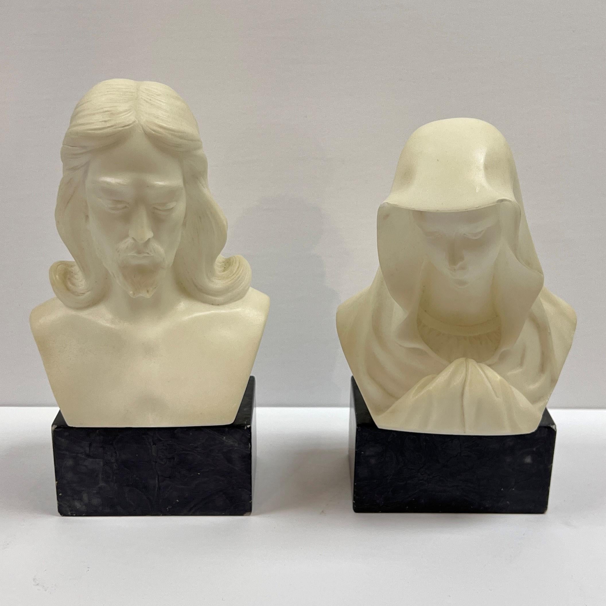 Hand-Carved Giuseppe Bessi Marble Busts of Jesus and Mary