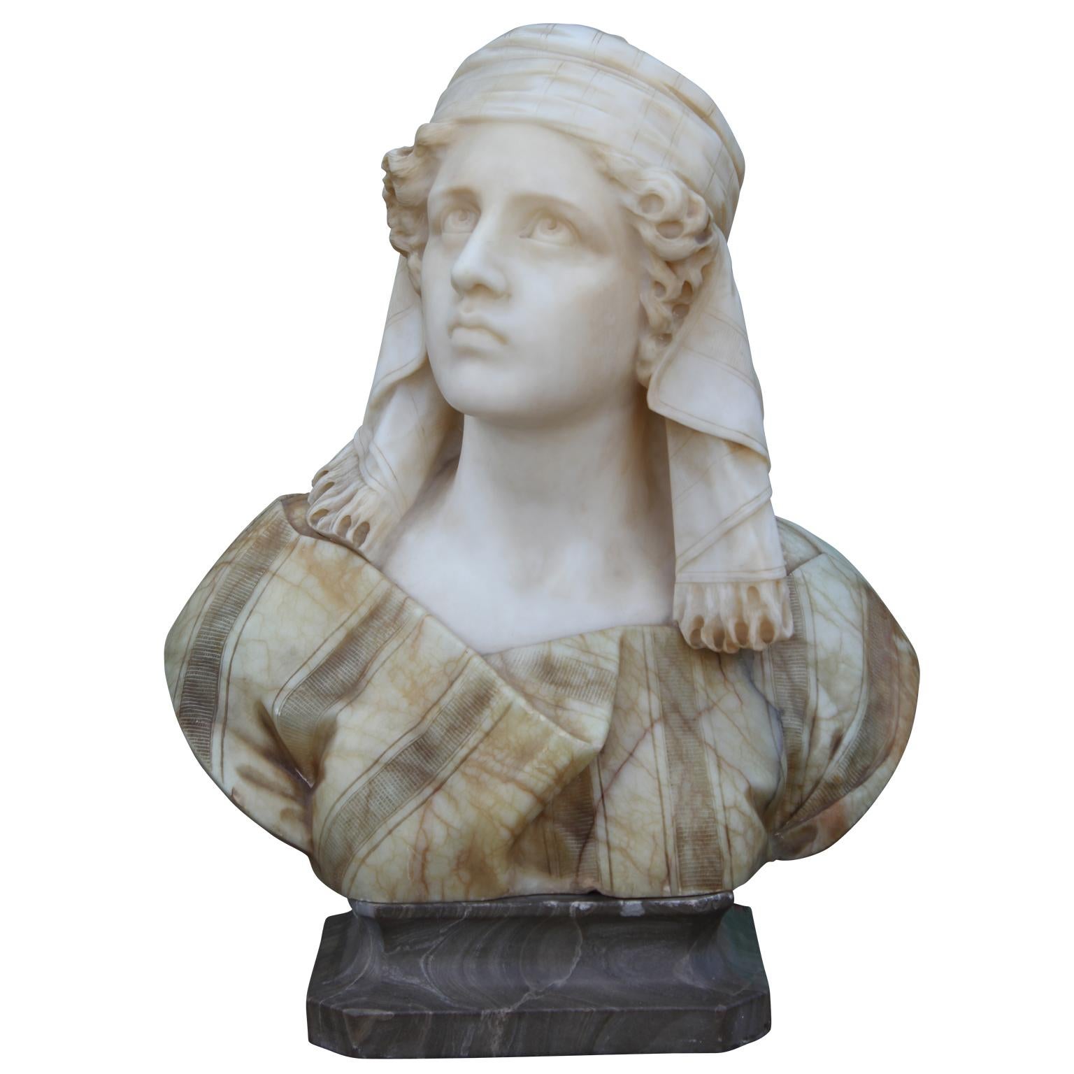 Lovely Alabaster figure of a woman with detachable pedestal by Giuseppe Bessi.  Giuseppe (Professor) Bessi was an Italian sculptor famed for his lifelike busts and sculptures, such as prominent figures Ludwig van Beethoven, Joan of Arc, and Dante