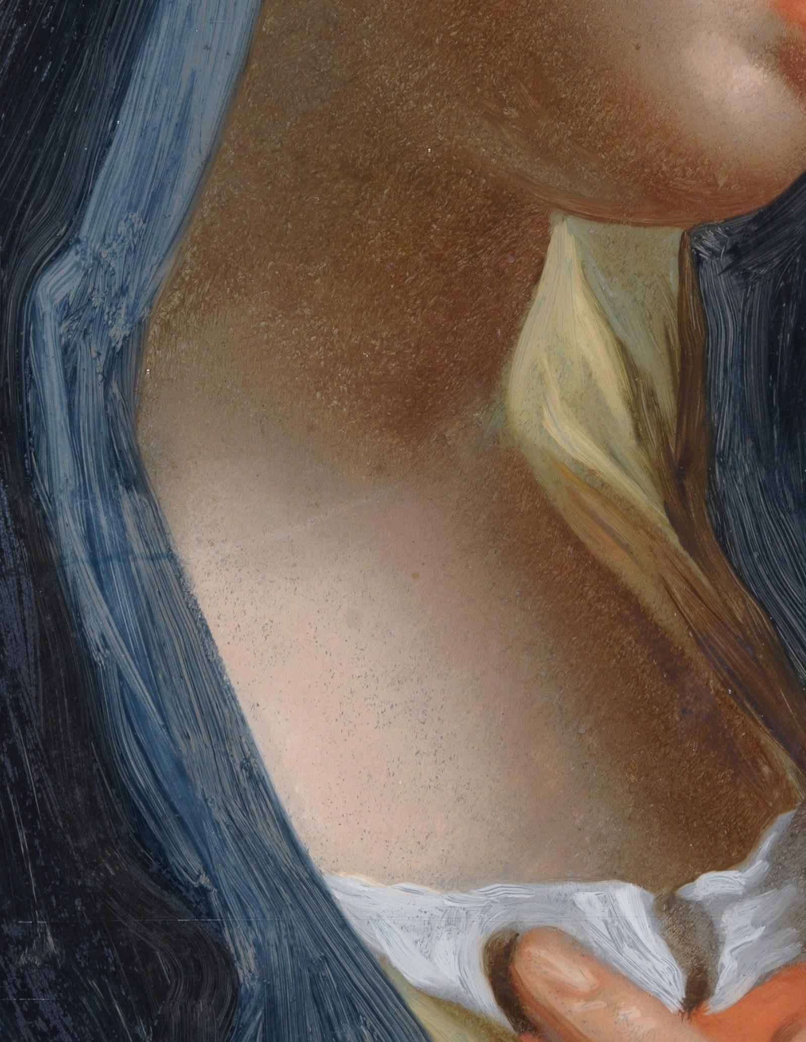Madonna orante del XVIII secolo Giuseppe Bison Volto di Madonna Olio su vetro blu in vendita 2