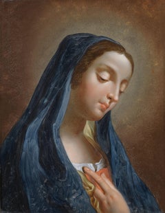 18th Century Praying Madonna Giuseppe Bison Volto di Madonna Oil on Glass Blue