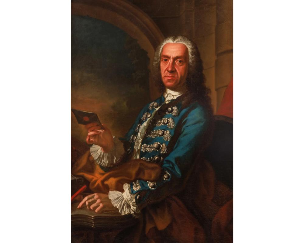 Giuseppe Bonito (Italian, 1707-1789) A Large 18th Century Portrait of a Gentleman.

Oil on canvas, in original gilt-wood rococo frame.

Canvas: 45″ high x 34″ wide
Frame: 52″ high x 42″ wide

Very good condition, craquelure throughout consistent