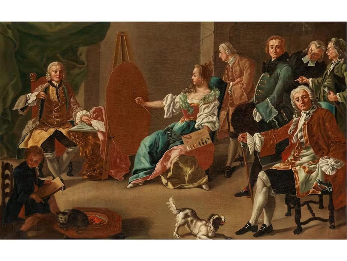 Giuseppe Bonito (Castellammare di Stabia, Italy, 1707 - Naples, Italy, 1789)
Title: The Painter's Studio or Allegory of Painting
Medium: Oil on canvas
Dimensions: without frame 40.5 x 64 cm - with frame 58 x 80.5 cm
Antique shaped and gilded wooden