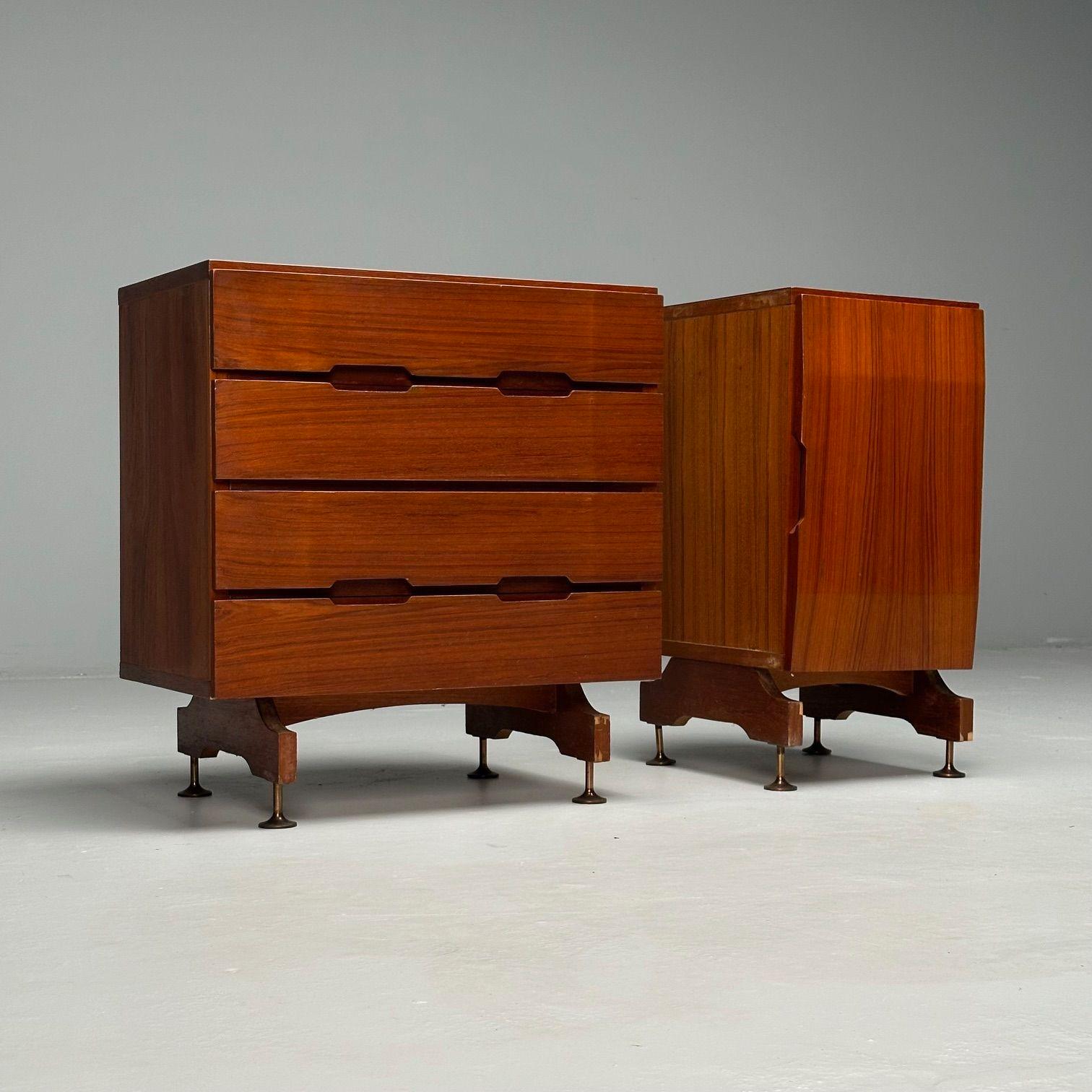 Milieu du XXe siècle Giuseppe Brusadelli, Italian Mid-Century Modern, Tables de nuit, Teck, Laiton en vente
