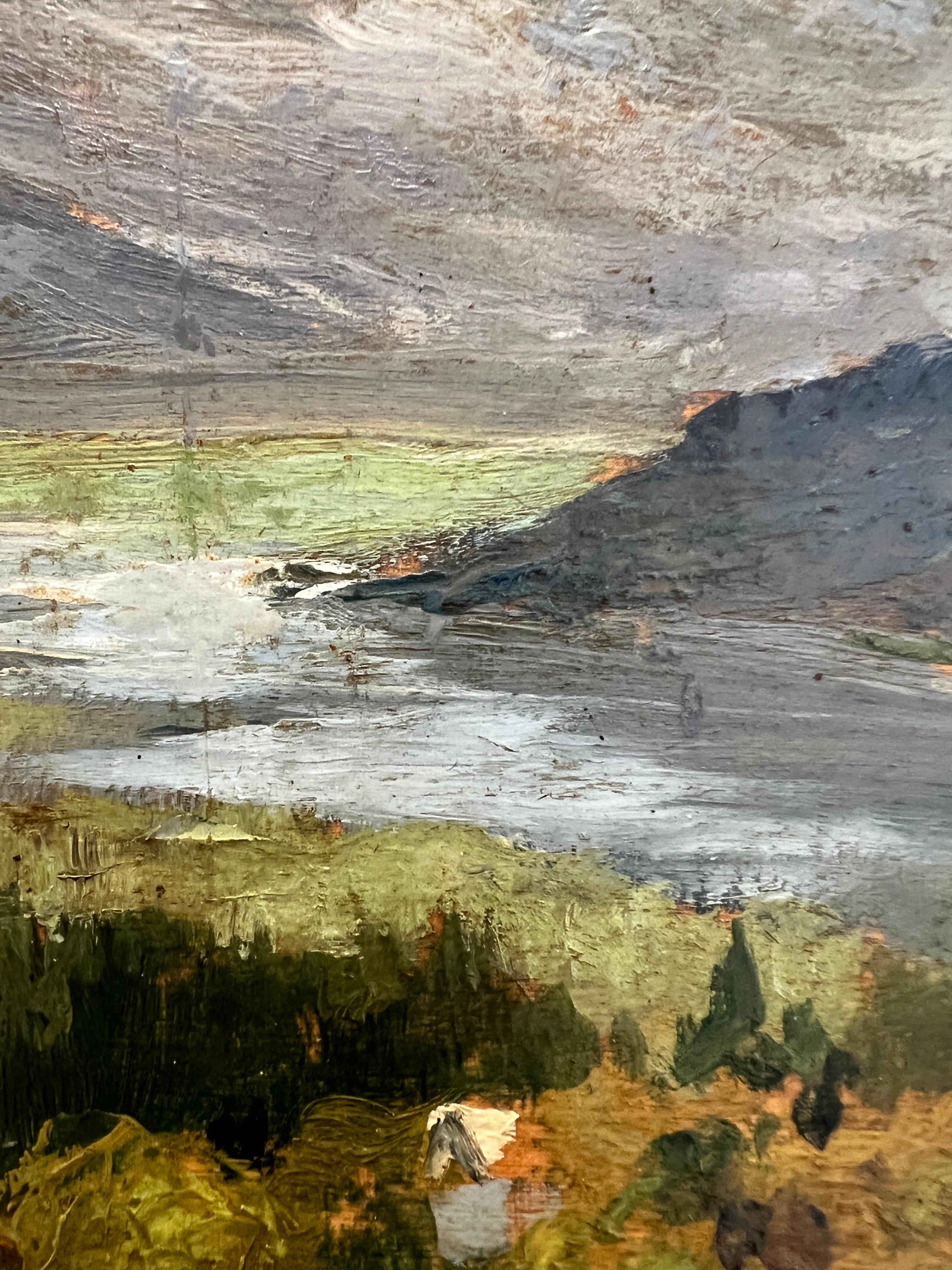 Lavorare sul Wood
Telaio in legno dorato
47 x 59,5 x 4,5 cm

L'opera raffigura un affascinante paesaggio pastorale, dove l'equilibrio tra terra, cielo e acqua ispira una pace innegabile. In primo piano, si apre una valle verde, punteggiata da