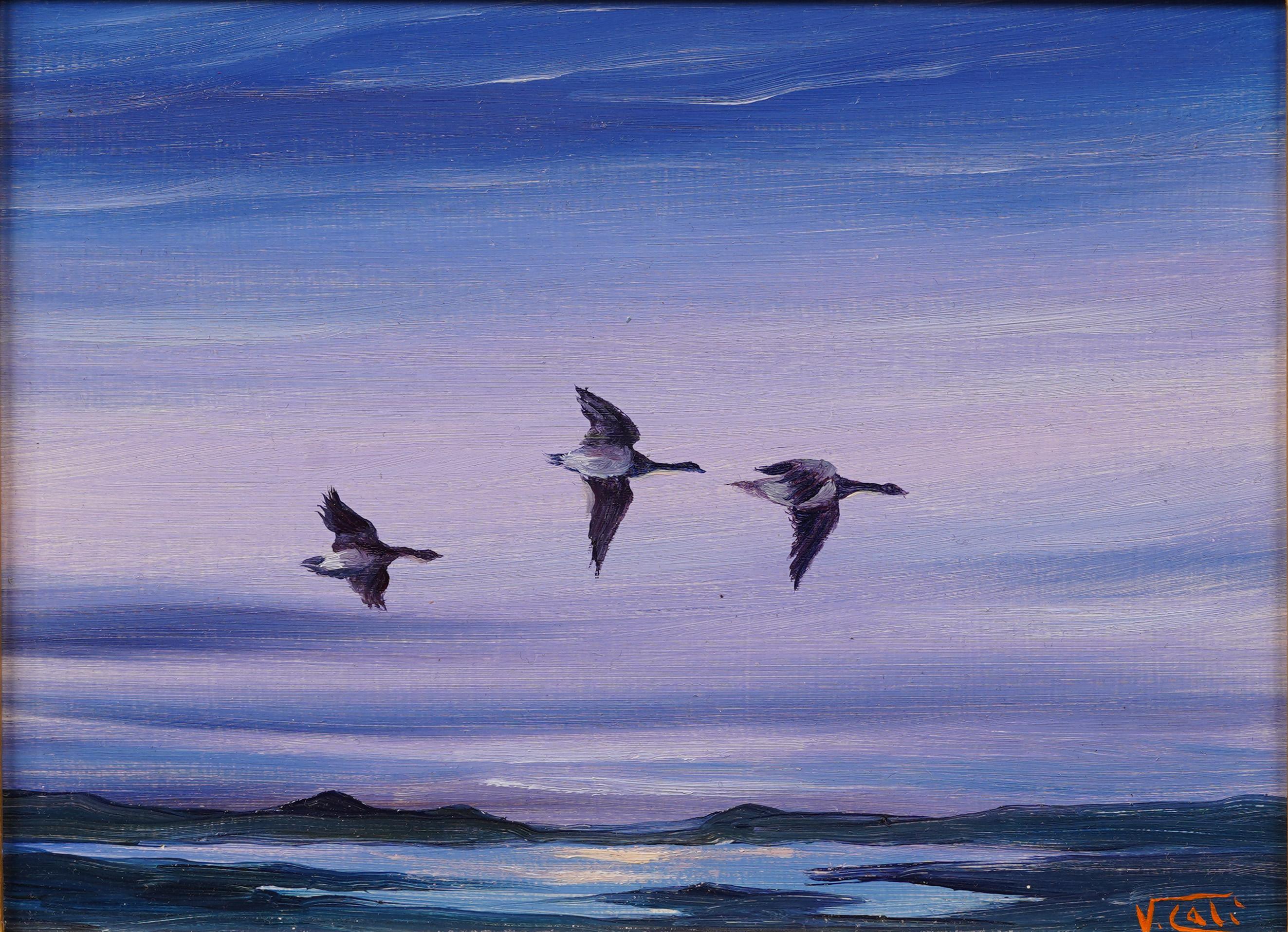 Antique Impressionist  Ocean Beach Seacape Sunset Birds Flying Oil Painting 1
