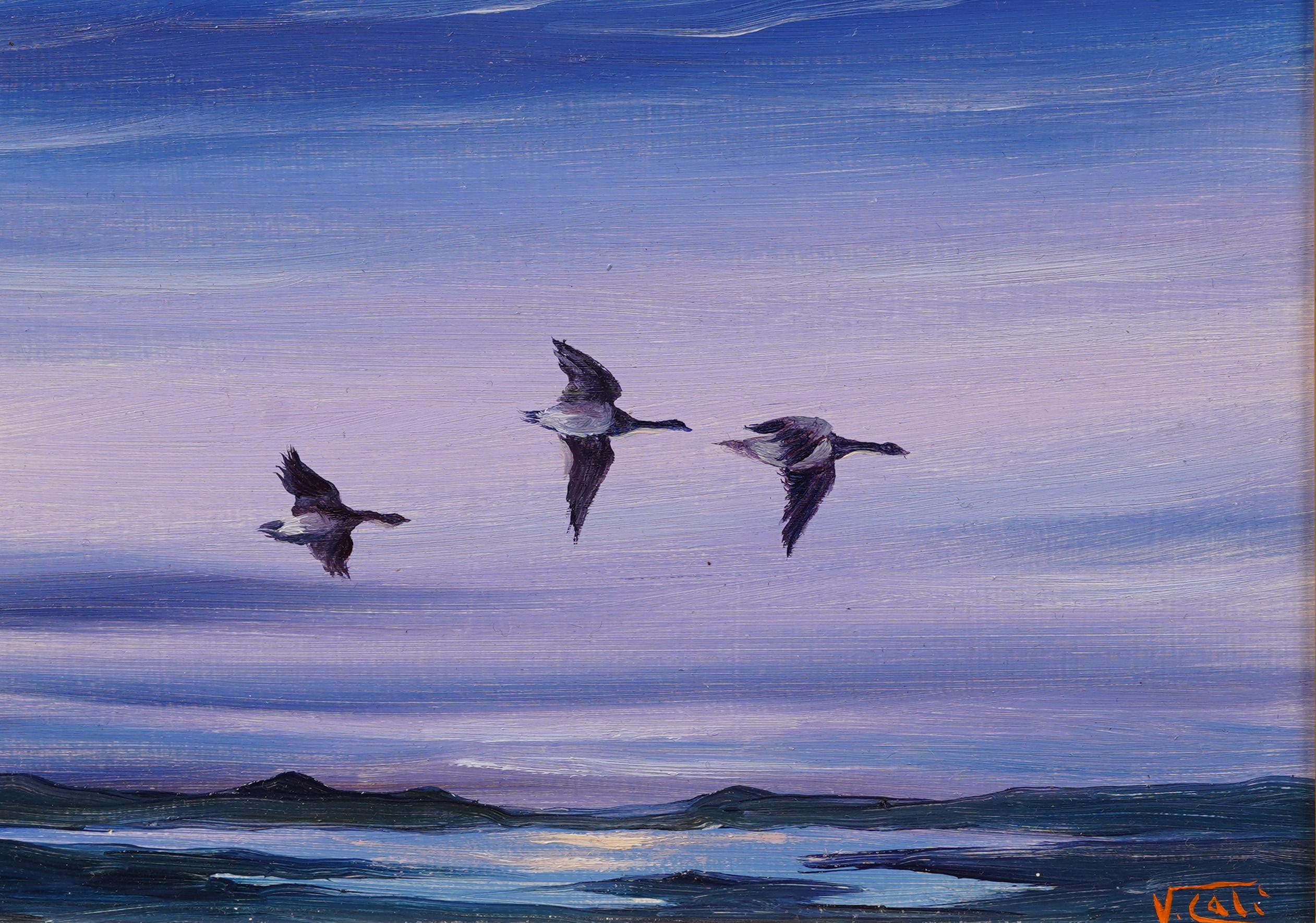 Antique Impressionist  Ocean Beach Seacape Sunset Birds Flying Oil Painting 2