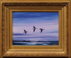 Antique Impressionist  Ocean Beach Seacape Sunset Birds Flying Oil Painting