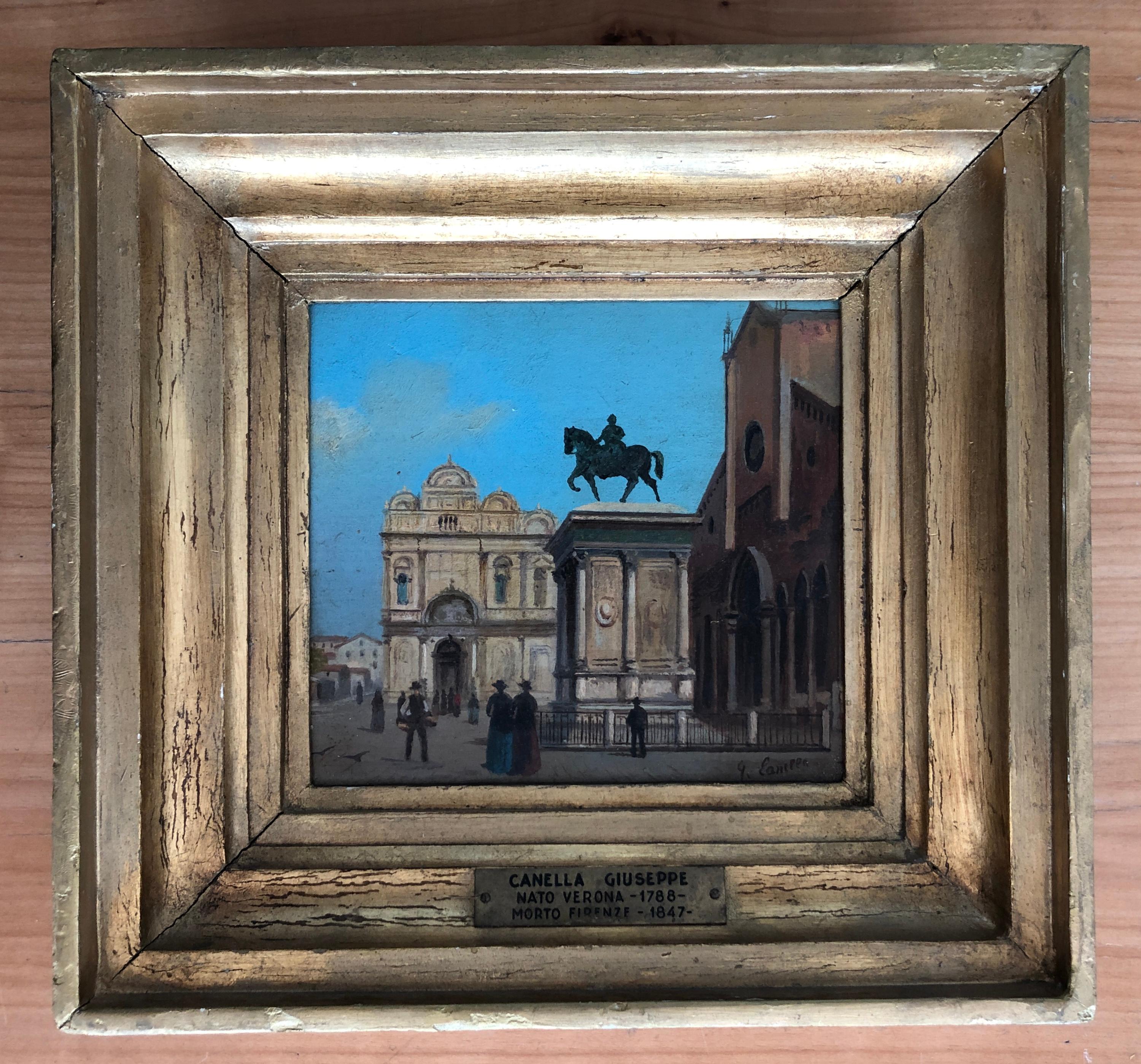 Basilica of SS Giovanni e Paolo with the equestrian statue of Bartolomeo, Venice - Painting by Giuseppe Canella