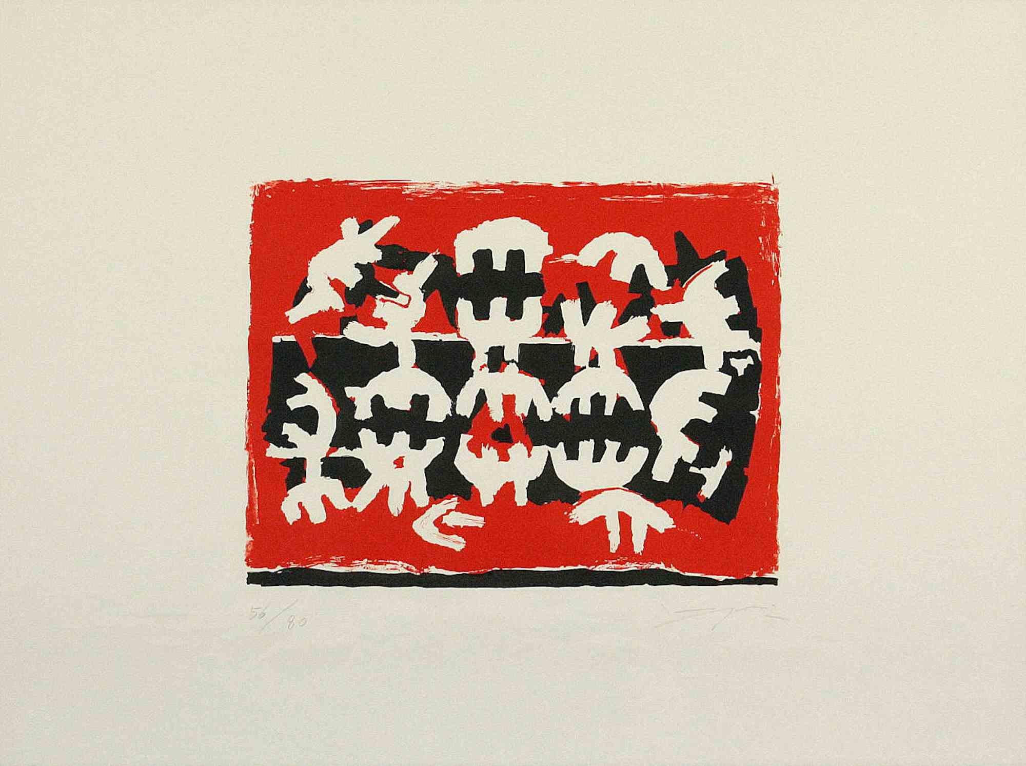 Untitled ist ein Druck von Giuseppe Capogrossi (Rom, 1900 - 1972).

Lithographie auf Papier

Handsigniert unten rechts, nummeriert, Auflage unten links, 56/80 Abzüge. Prägestempel der Erker Presse, St. Gallen unten links.

Das Kunstwerk besteht aus