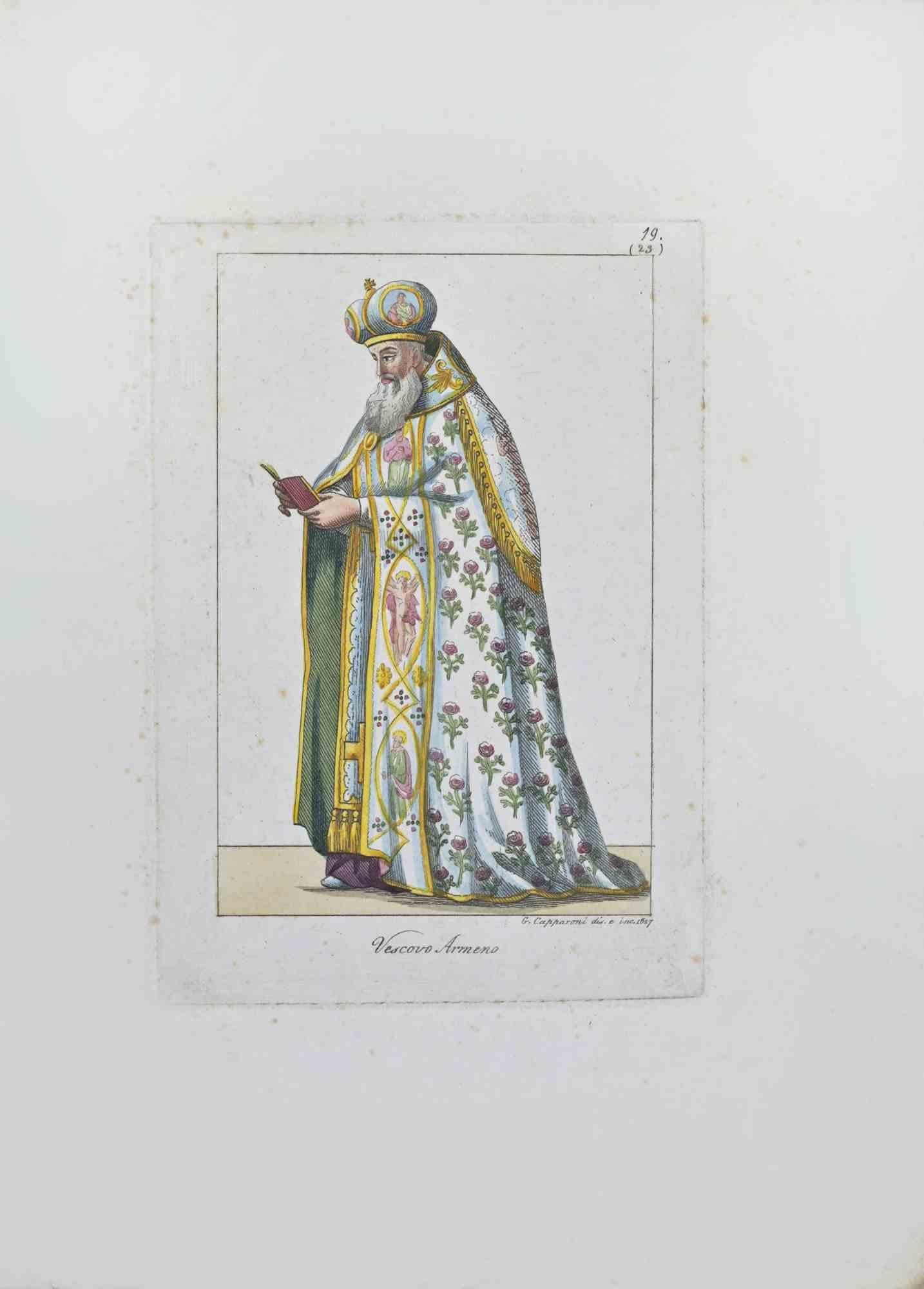 Armenian Bishop is an Artwork realized in 1827 by the Engraver, Giuseppe Capparoni (Rome 1800- 1879).

Etching hand colored on ivory paper. Signed on plate and dated on the right margin. 

The artwork belongs to the "Gerarchia ecclesiastica