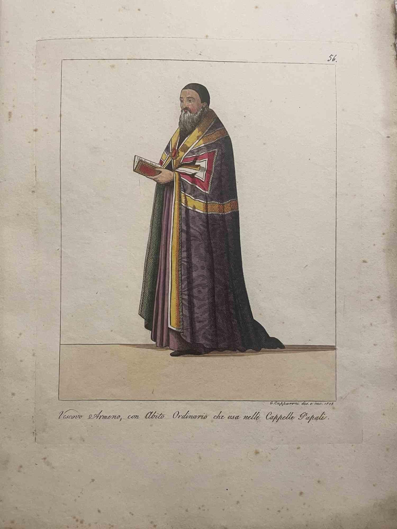 Armenian Bishop is an Artwork realized in 1828 by the Engraver, Giuseppe Capparoni (Rome 1800- 1879).

Etching hand colored on ivory paper. Signed on plate and dated on the right margin. 

The artwork belongs to the "Gerarchia ecclesiastica
