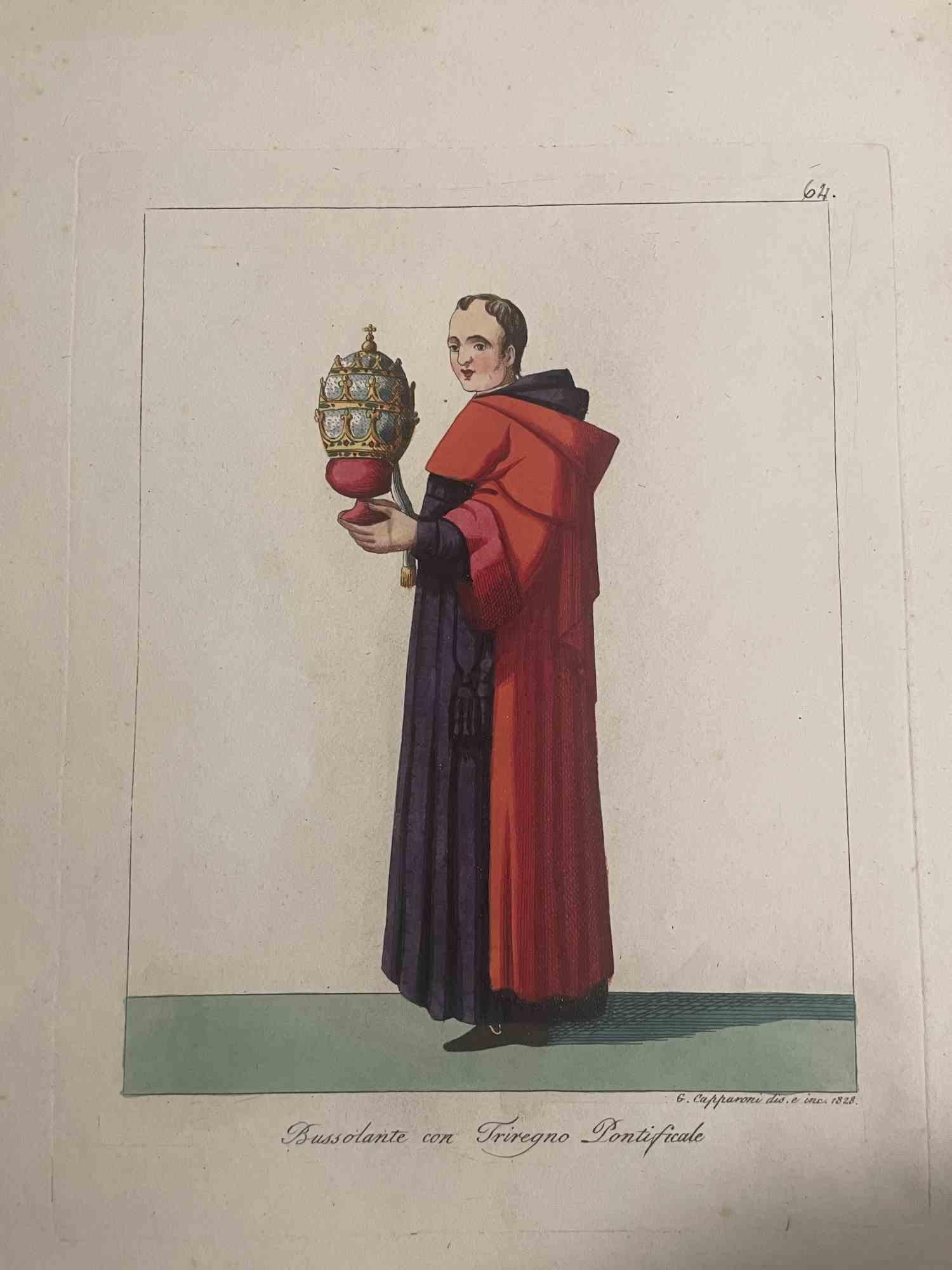 "Bussolante con Triregno Pontificale" is an Artwork realized in 1828 by the Engraver, Giuseppe Capparoni (Rome 1800- 1879).

Etching hand colored on ivory paper. Signed on plate and dated on the right margin. 

The artwork belongs to the "Gerarchia