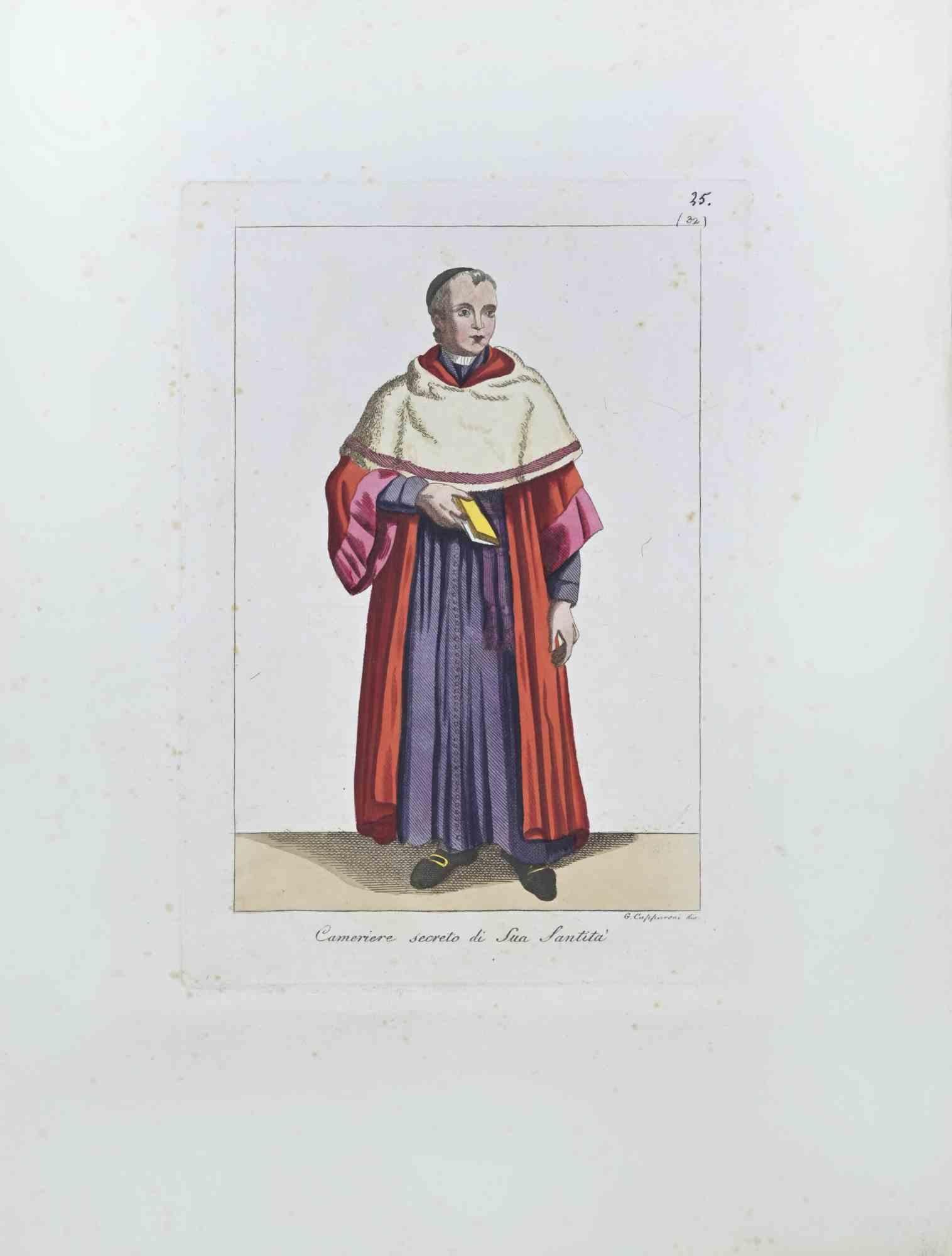 "Cameriere Secreto di Sua Santità" is an Artwork realized in 1827 by the Engraver, Giuseppe Capparoni (Rome 1800- 1879).

Etching hand colored on ivory paper. Signed on plate on the right margin. 

The artwork belongs to the "Gerarchia ecclesiastica