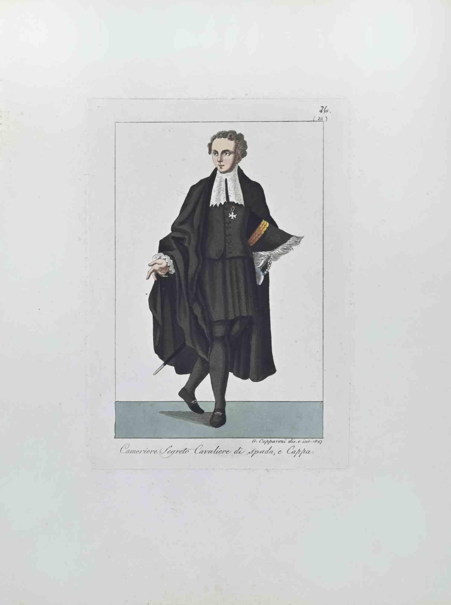 The Noble Pontifical Guard is an Artwork realized in 1827 by the Engraver, Giuseppe Capparoni (Rome 1800- 1879).

"Cameriere Segreto Cavaliere di Spada, e Cappa" is an Artwork realized in 1827 by the Engraver, Giuseppe Capparoni (Rome 1800-