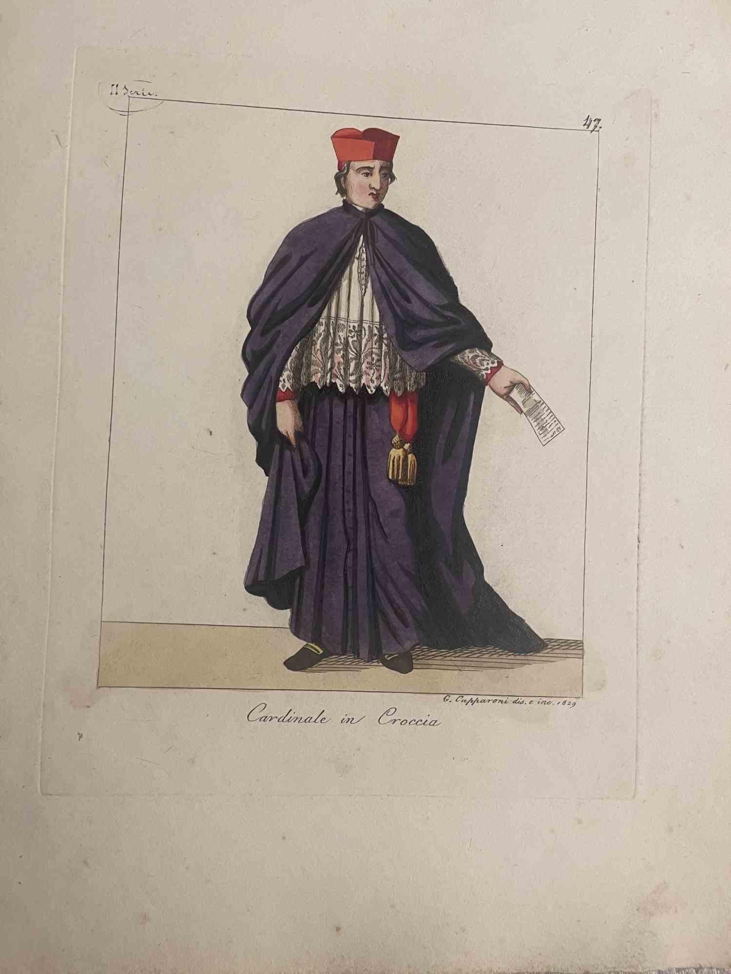 Cardinale in Croccia is an Artwork realized in 1829 by the Engraver, Giuseppe Capparoni (Rome 1800- 1879).

Etching hand colored on ivory paper. Signed on plate and dated on the right margin. 

The artwork belongs to the "Gerarchia ecclesiastica