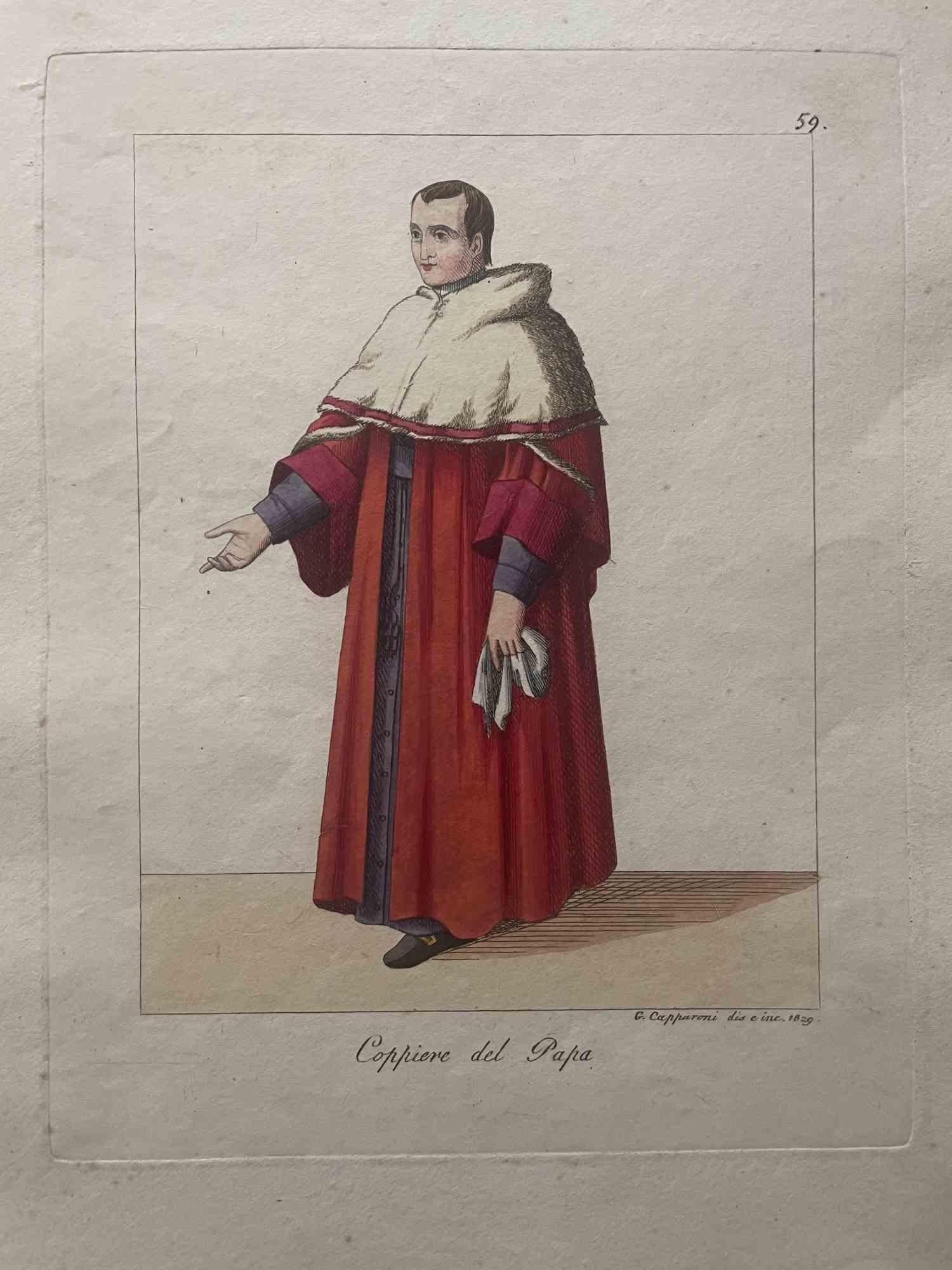 "Coppiere del Papa" is an Artwork realized in 1829 by the Engraver, Giuseppe Capparoni (Rome 1800- 1879).

Etching hand colored on ivory paper. Signed on plate and dated on the right margin. 

The artwork belongs to the "Gerarchia ecclesiastica