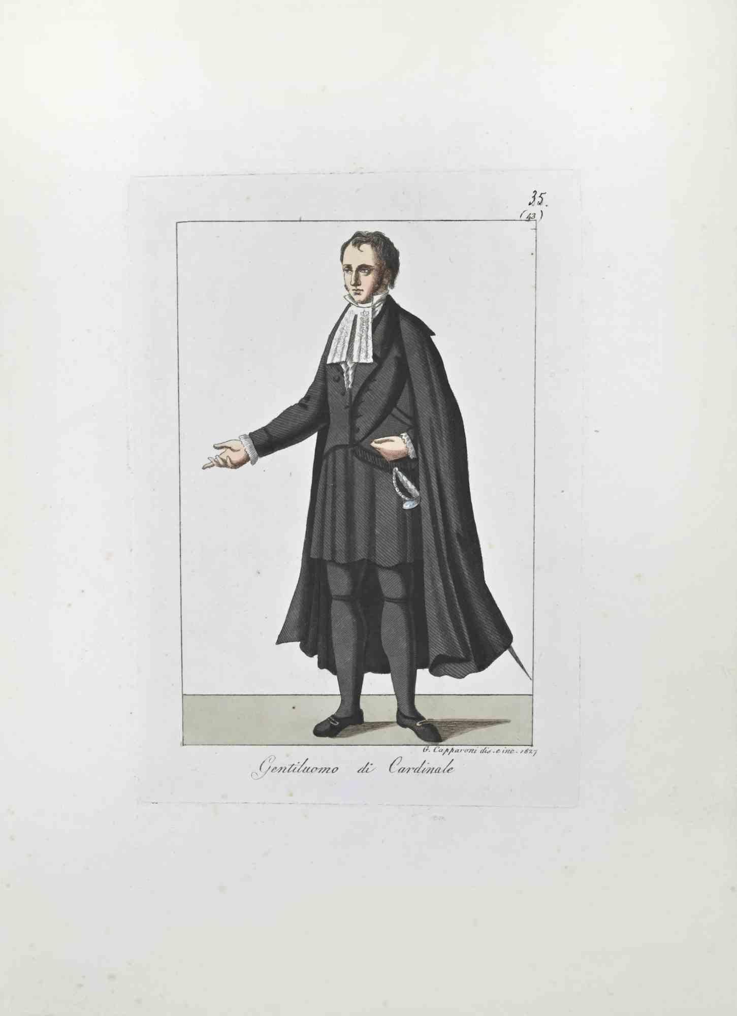 Gentleman of the Cardinal is an Artwork realized in 1827 by the Engraver, Giuseppe Capparoni (Rome 1800- 1879).

Etching hand colored on ivory paper. Signed on plate and dated on the right margin. 

The artwork belongs to the "Gerarchia