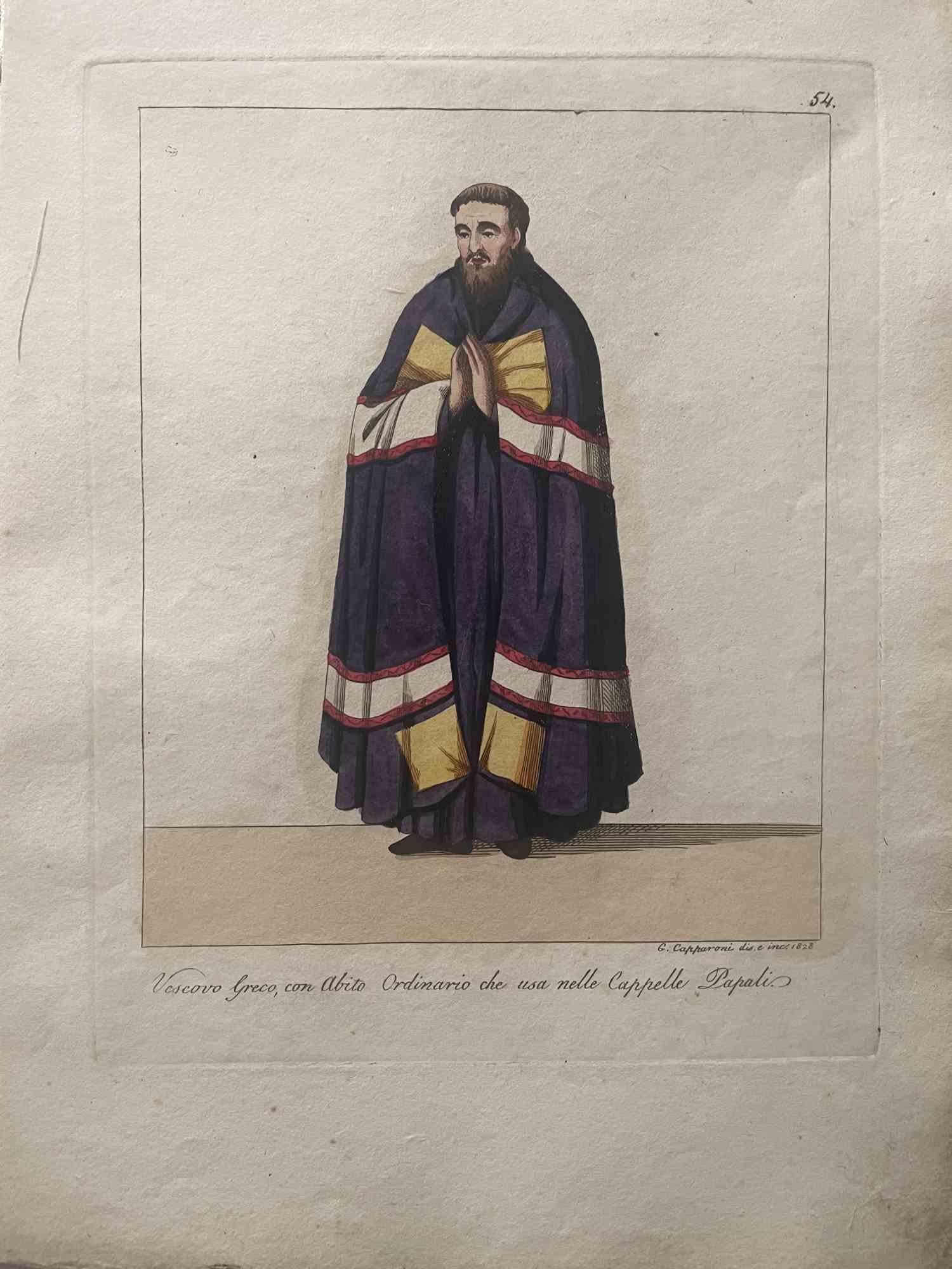 Greek Bishop is an Artwork realized in 1828 by the Engraver, Giuseppe Capparoni (Rome 1800- 1879).

Etching hand colored on ivory paper. Signed on plate and dated on the right margin. 

The artwork belongs to the "Gerarchia ecclesiastica considerata