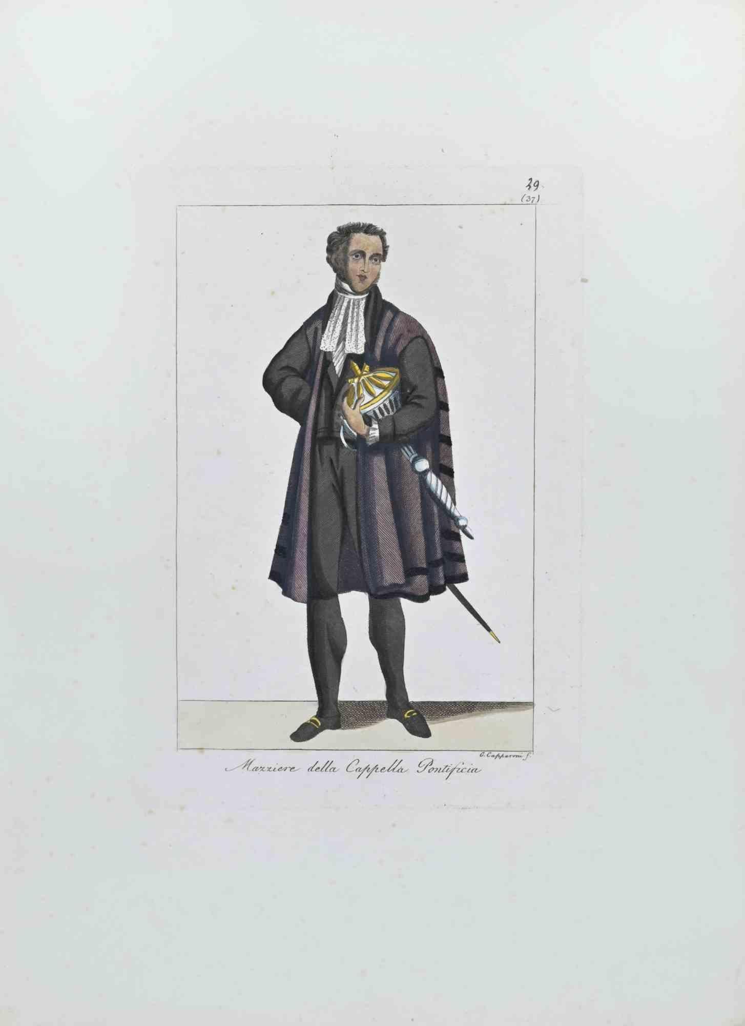 "Mazziere" of the Pontifical Chapel is an Artwork realized in 1827 by the Engraver, Giuseppe Capparoni (Rome 1800- 1879).

Etching hand colored on ivory paper. Signed on plate on the right margin. 

The artwork belongs to the "Gerarchia