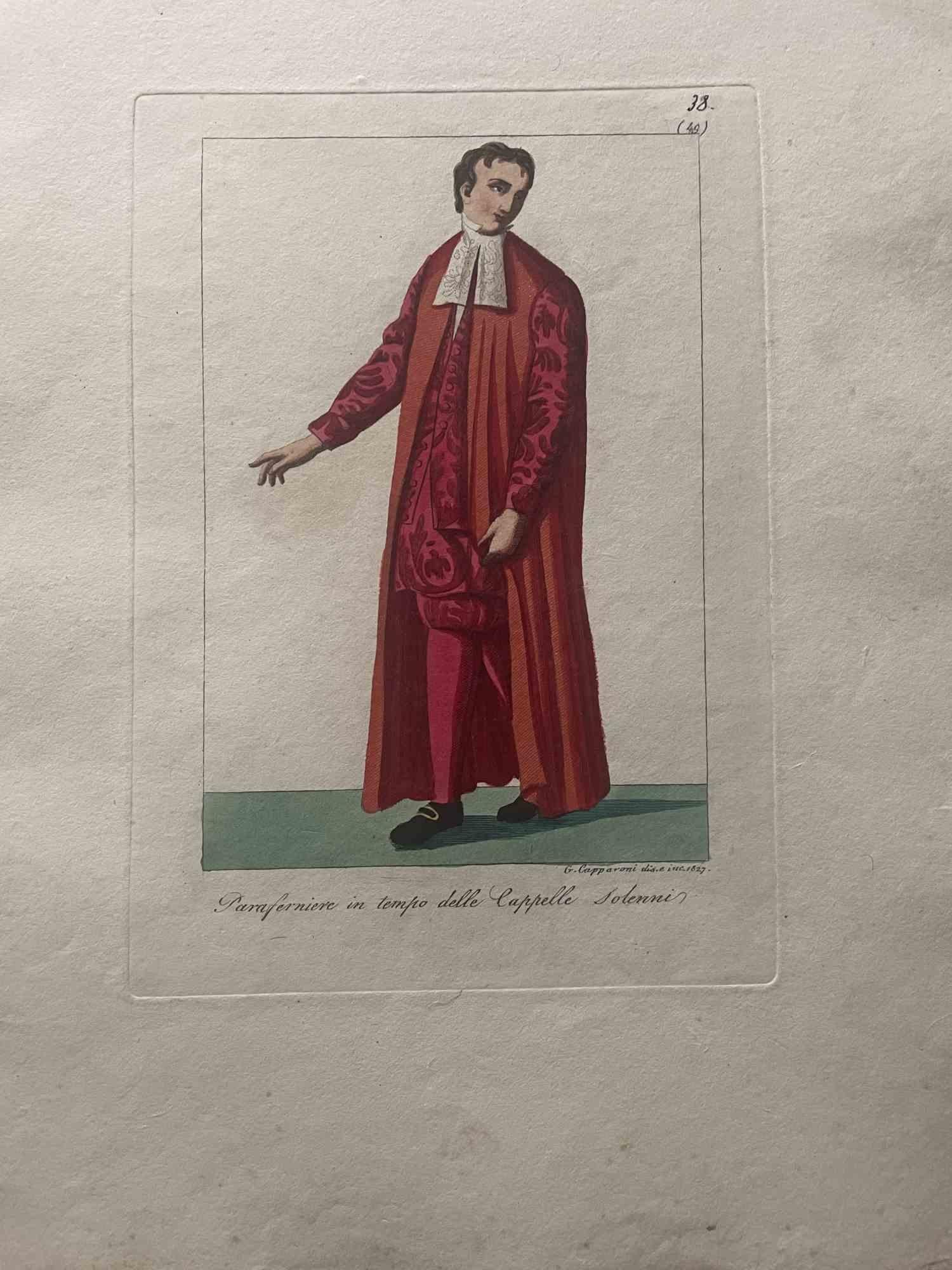 "Paraferniere delle Cappelle Solenni" is an Artwork realized in 1827 by the Engraver, Giuseppe Capparoni (Rome 1800- 1879).

Etching hand colored on ivory paper. Signed on plate and dated on the right margin. 

The artwork belongs to the "Gerarchia