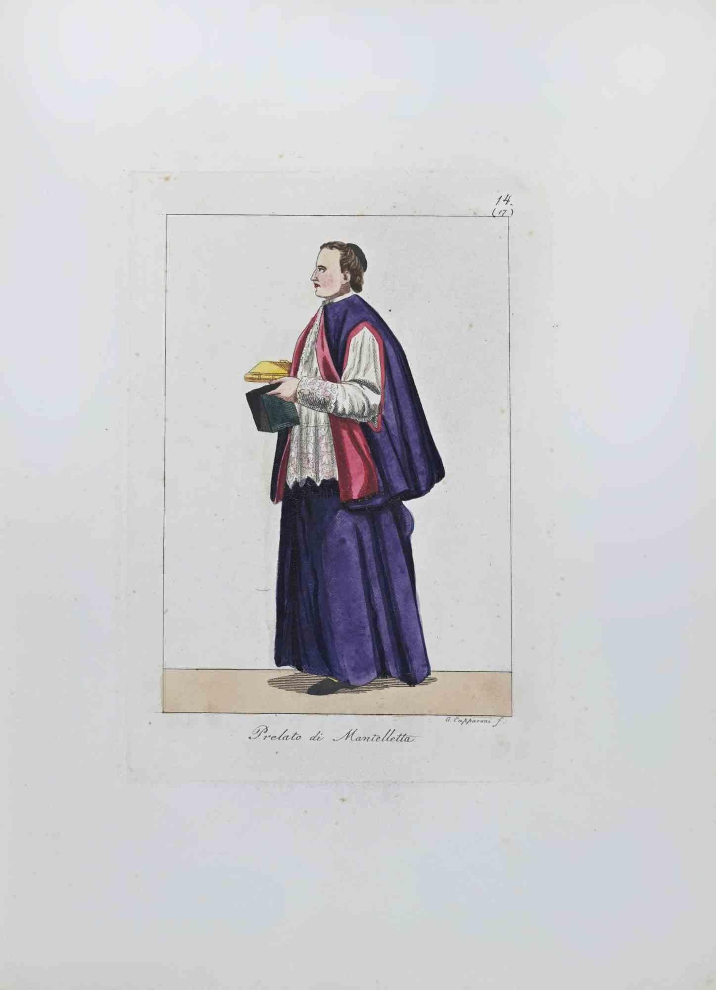 "Prelato di Mantelletta" is an Artwork realized in 1828 by the Engraver, Giuseppe Capparoni (Rome 1800- 1879).

Etching hand colored on ivory paper. Signed on plate on the right margin. 

The artwork belongs to the "Gerarchia ecclesiastica