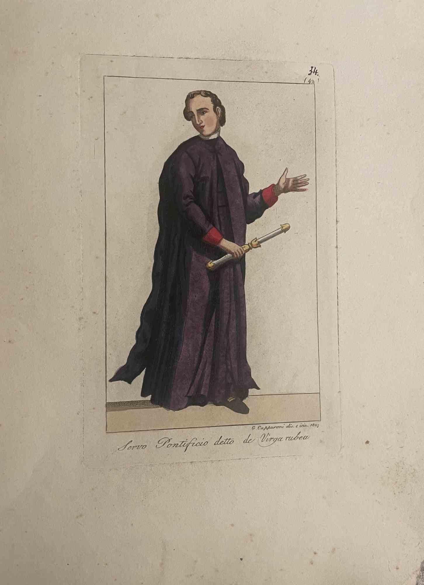"Servo Pontificio detto de Virga rubea"  is an Artwork realized in 1827 by the Engraver, Giuseppe Capparoni (Rome 1800- 1879).

Etching hand colored on ivory paper. Signed on plate and dated on the right margin. 

The artwork belongs to