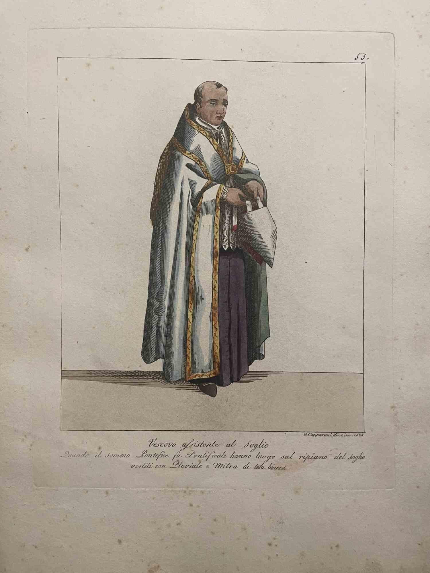 Der Bischofsassistent auf dem päpstlichen Thron ist ein Kunstwerk, das 1828 von dem Kupferstecher Giuseppe Capparoni (Rom 1800 - 1879) geschaffen wurde.

Handkolorierte Radierung auf Elfenbeinpapier. In der Platte signiert und am rechten Rand