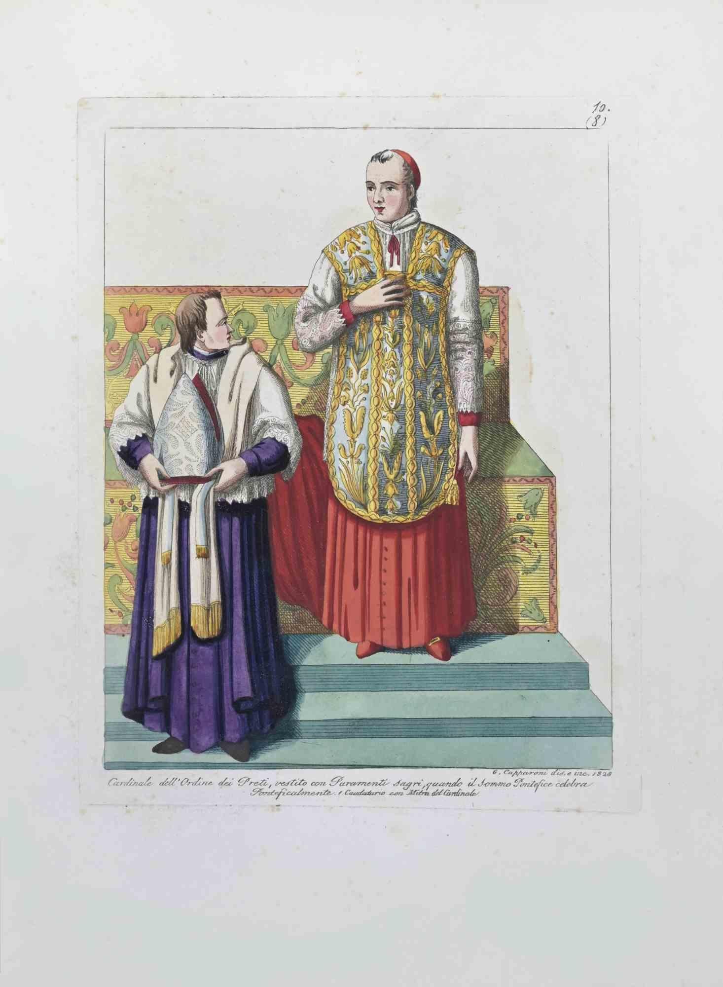 The Cardinal is an Artwork realized in 1828 by the Engraver, Giuseppe Capparoni (Rome 1800- 1879).

Etching hand colored on ivory paper. Signed on plate and dated on the right margin. 

The artwork belongs to the "Gerarchia ecclesiastica considerata