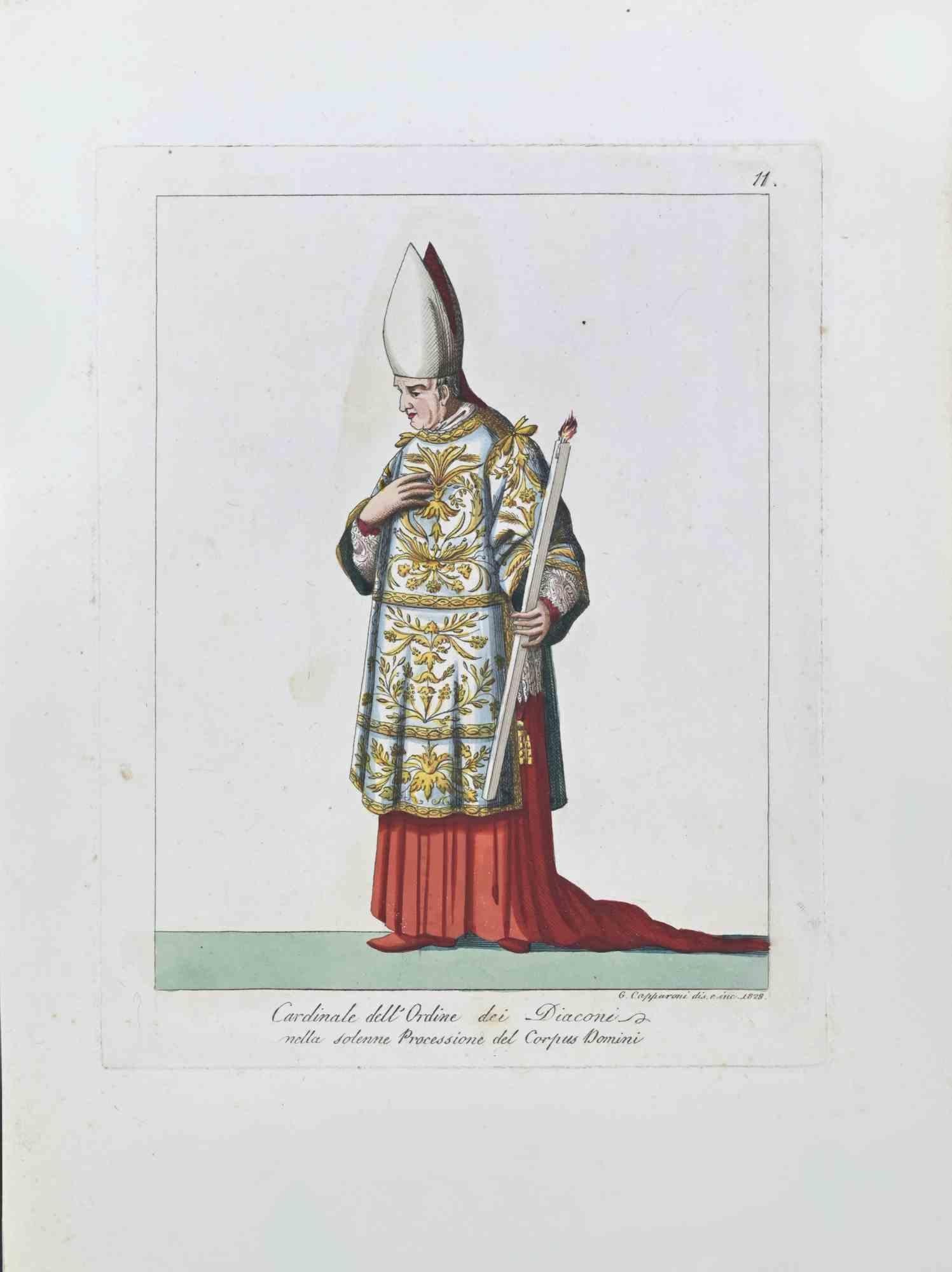 The Cardinal of the Order of Deacons is an Artwork realized in 1828 by the Engraver, Giuseppe Capparoni (Rome 1800- 1879).

Etching hand colored on ivory paper. Signed on plate and dated on the right margin. 

The artwork belongs to the "Gerarchia