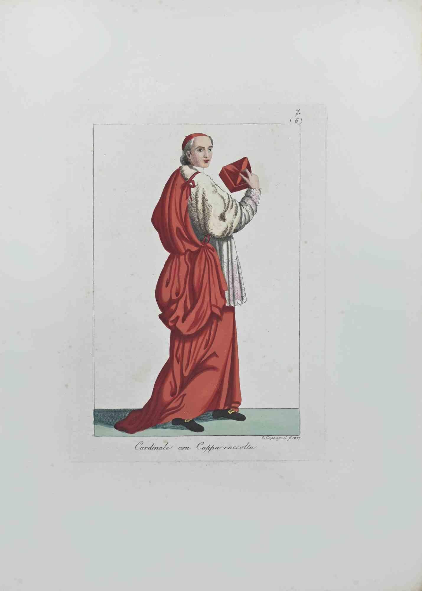 The Cardinal wearing the cape is an Artwork realized in 1827 by the Engraver, Giuseppe Capparoni (Rome 1800- 1879).

Etching hand colored on ivory paper. Signed on plate and dated on the right margin. 

The artwork belongs to the "Gerarchia