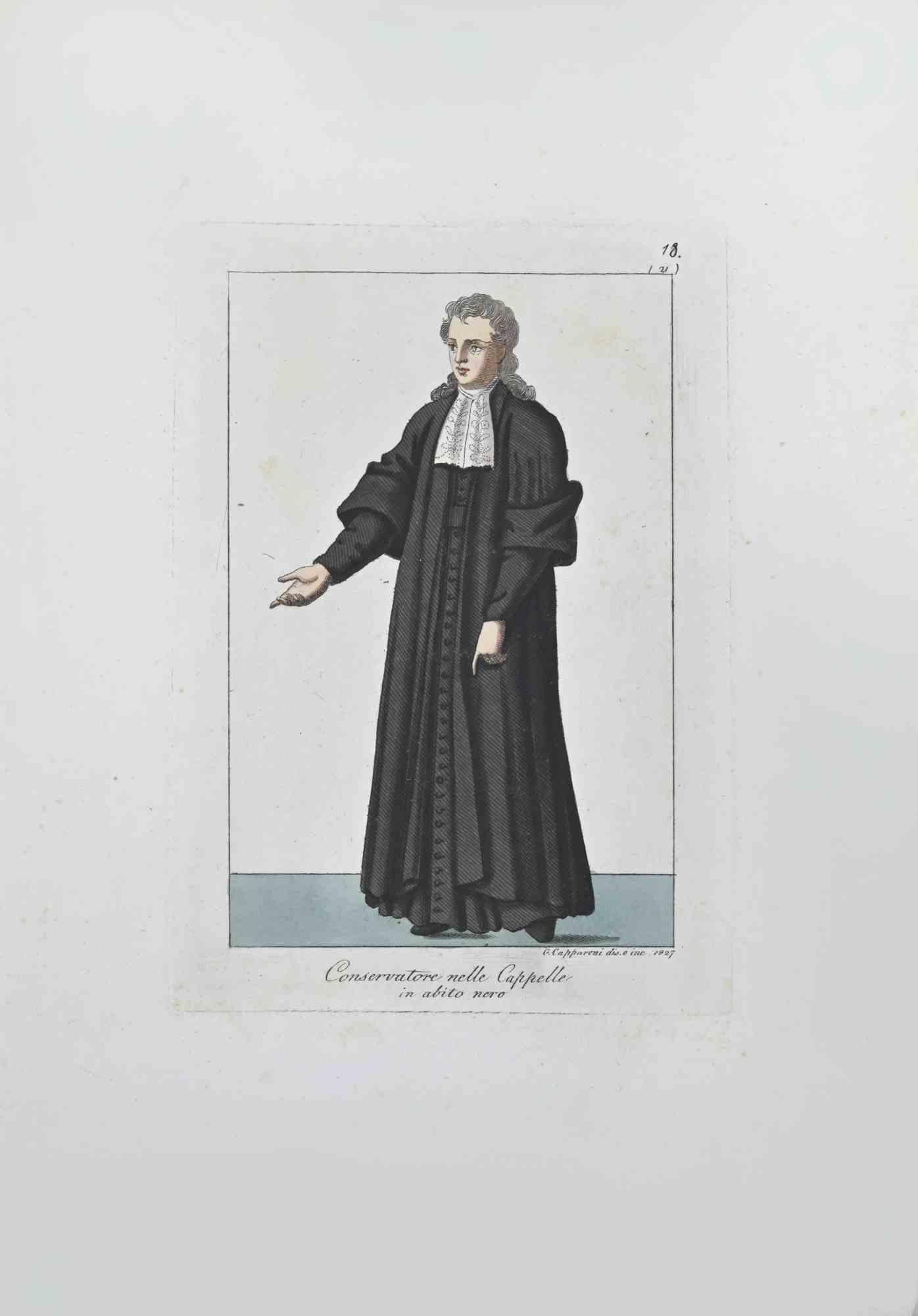 The Conservator in the Chapels is an Artwork realized in 1827 by the Engraver, Giuseppe Capparoni (Rome 1800- 1879).

Etching hand colored on ivory paper. Signed on plate and dated on the right margin. 

The artwork belongs to the "Gerarchia