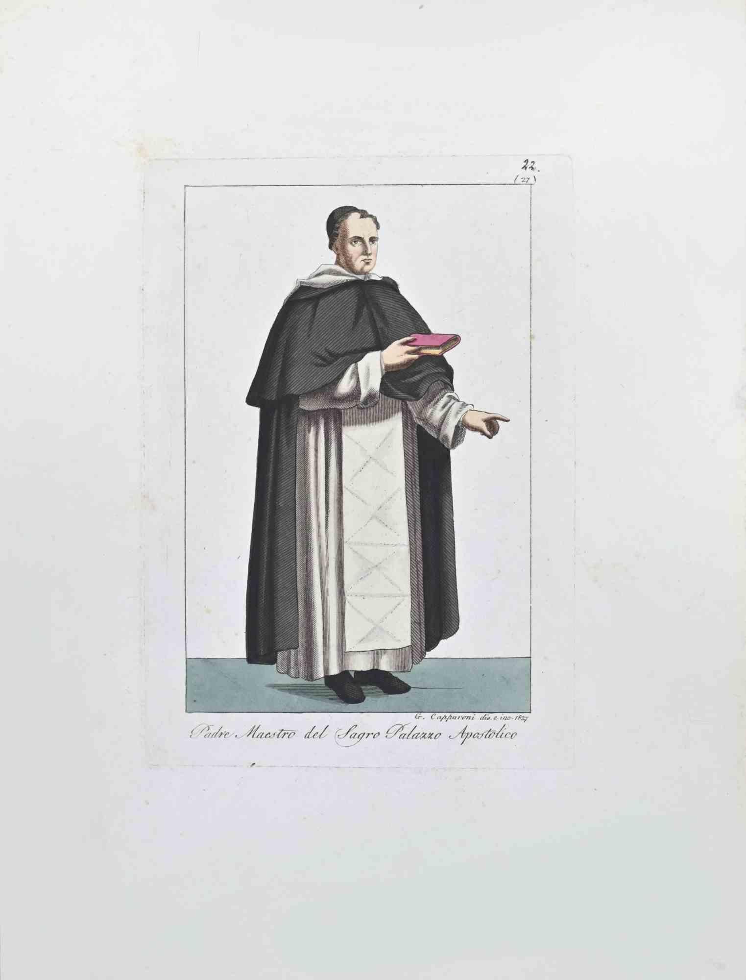 El Padre Maestro del Sacro Palacio Apostólico es una Obra de Arte realizada en 1827 por el Grabador Giuseppe Capparoni (Roma 1800- 1879).

Aguafuerte coloreado a mano sobre papel marfil. Firmado en la plancha y fechado en el margen derecho. 

La