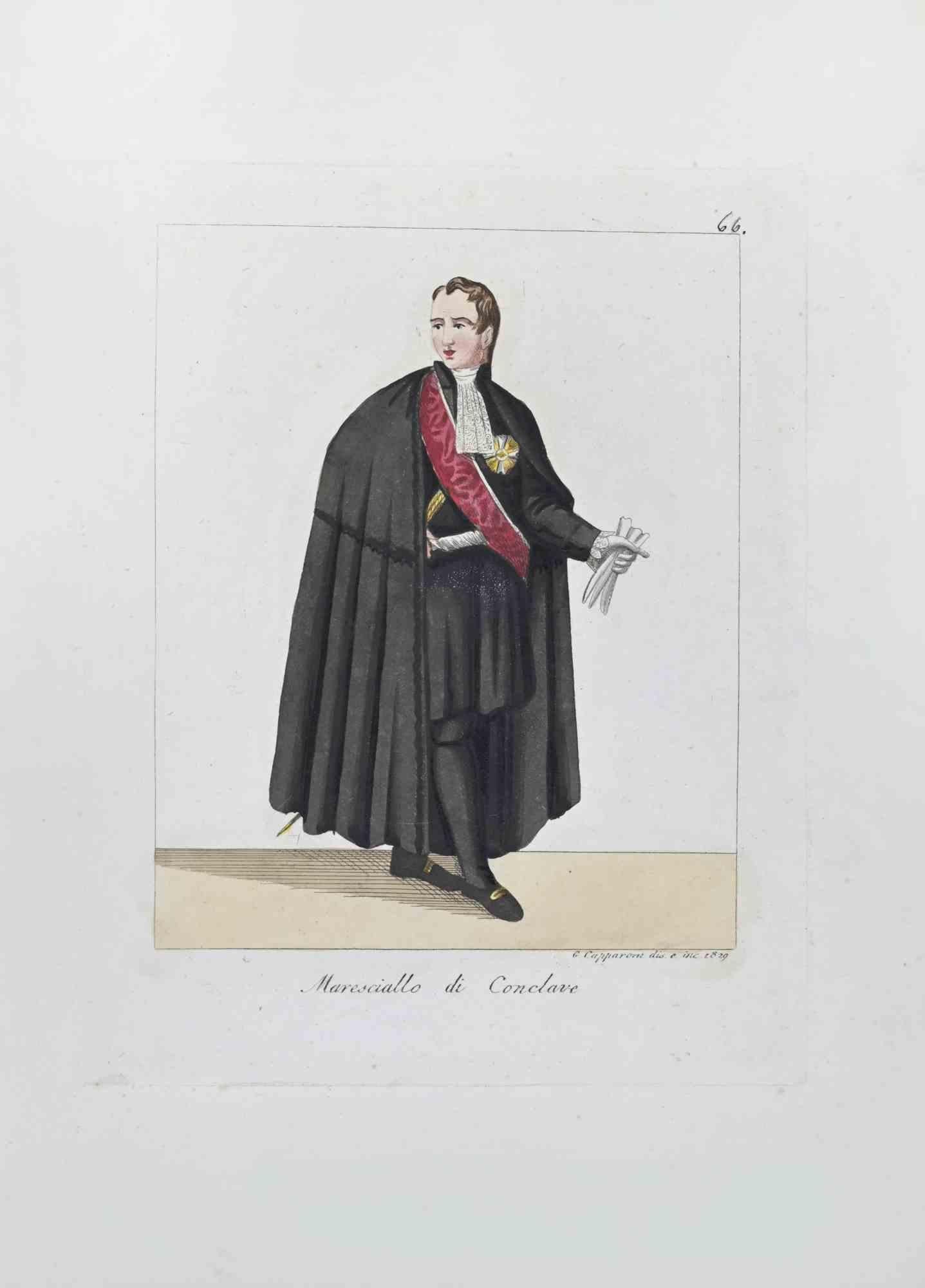 The Marshal of the Conclave is an Artwork realized in 1829 by the Engraver, Giuseppe Capparoni (Rome 1800- 1879).

Etching hand colored on ivory paper. Signed on plate and dated on the right margin. 

The artwork belongs to the "Gerarchia