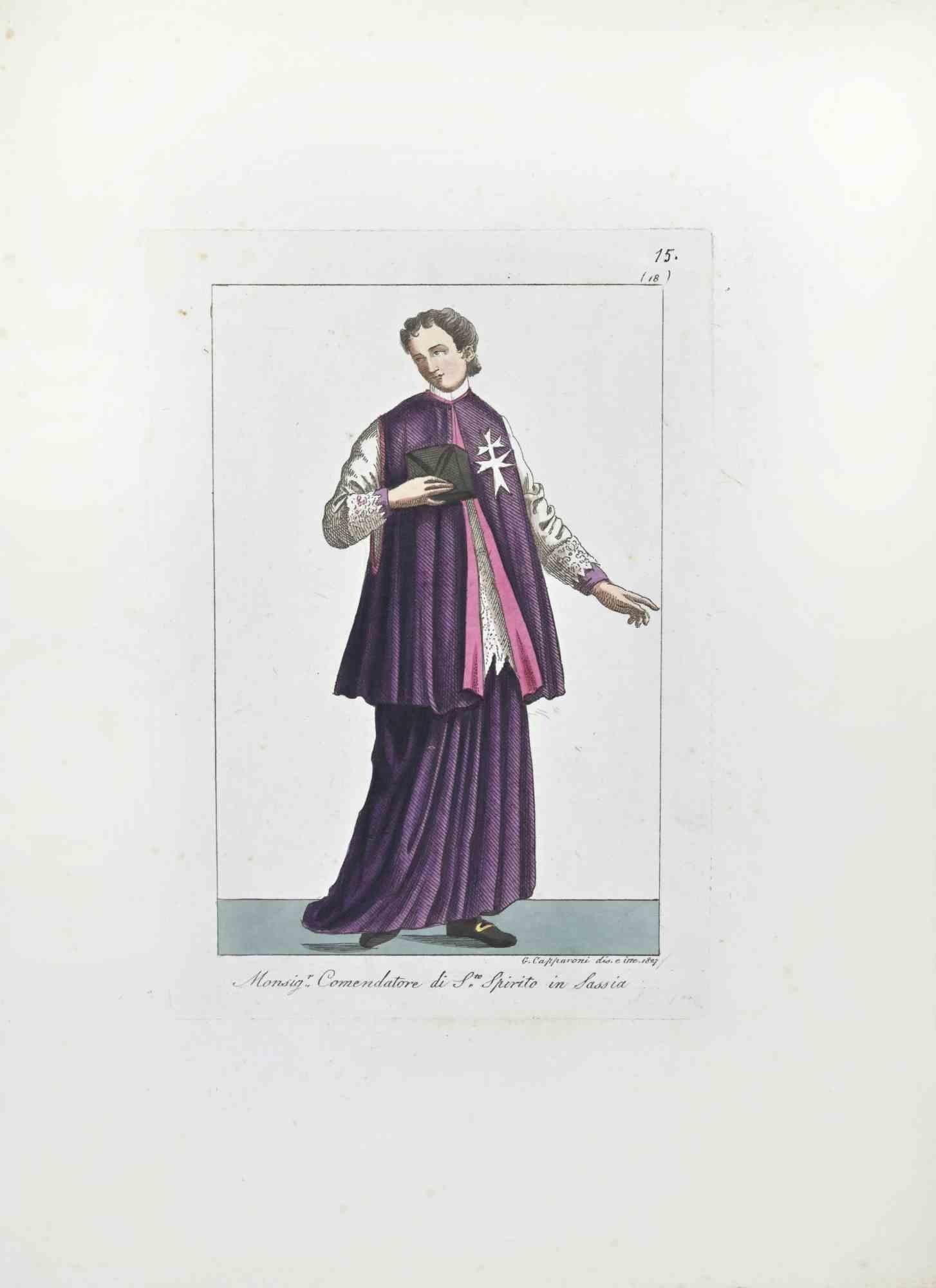 The Monsignor of "Santo Spirito in Sassia" is an Artwork realized in 1827 by the Engraver, Giuseppe Capparoni (Rome 1800- 1879).

Etching hand colored on ivory paper. Signed on plate and dated on the right margin. 

The artwork belongs to
