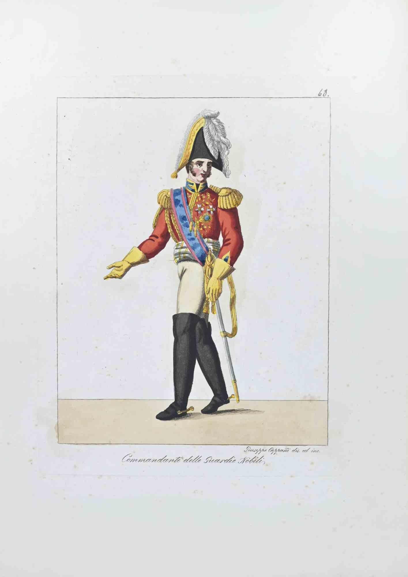 The Nobel's Chief Bodyguard is an Artwork realized in 1828 by the Engraver, Giuseppe Capparoni (Rome 1800- 1879).

Etching hand colored on ivory paper. Signed on plate on the right margin. 

The artwork belongs to the "Gerarchia ecclesiastica